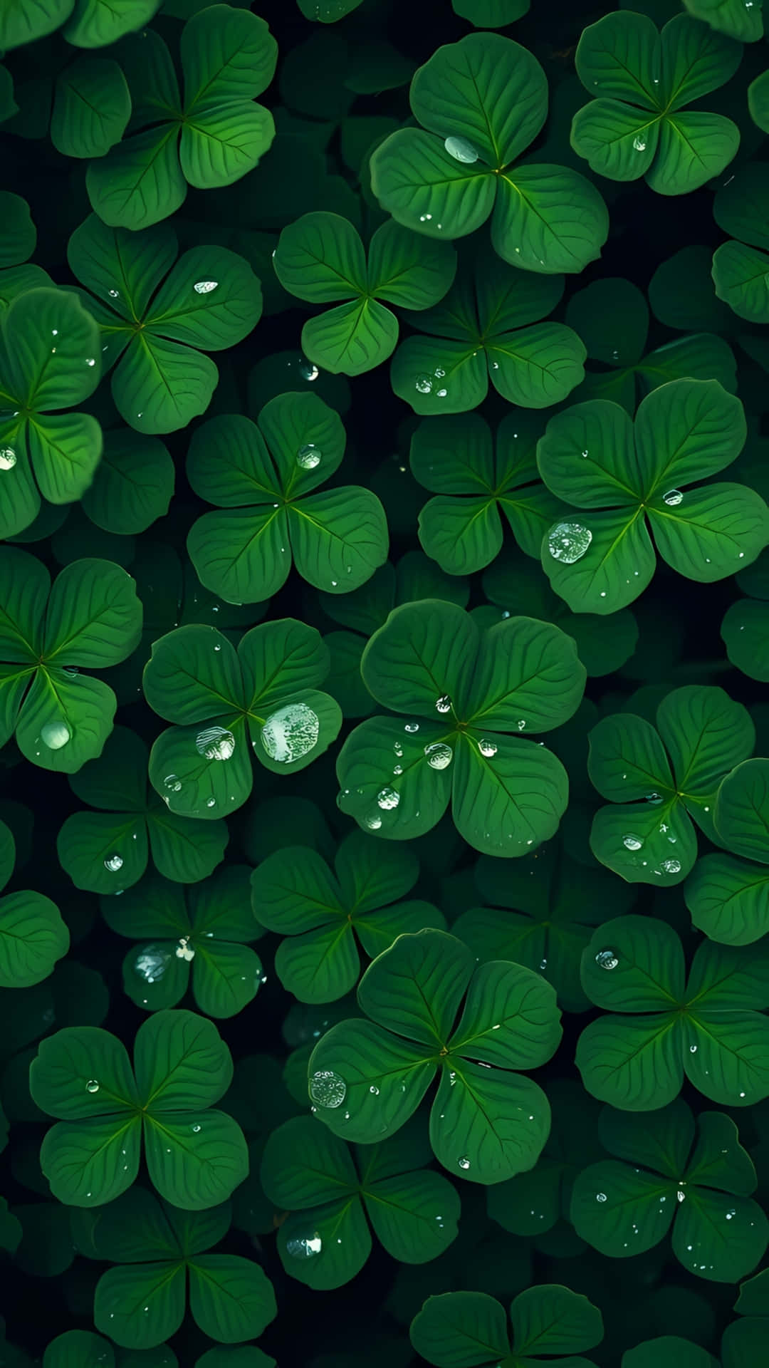 Green Clover Leaves with Dew Drops 壁紙 — 特寫鏡頭：在深色背景下，充滿活力的綠色三葉草葉片閃爍著露珠。
