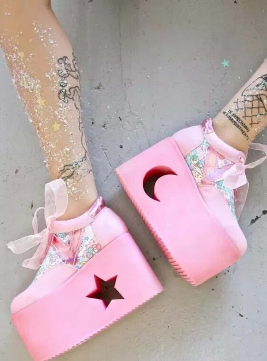 Pink Shoes 桌布 壁紙 — 特寫鏡頭：在混凝土地板上，穿著帶有星星和月亮鏤空的超大粉紅色厚底鞋，腿上灑滿亮粉。