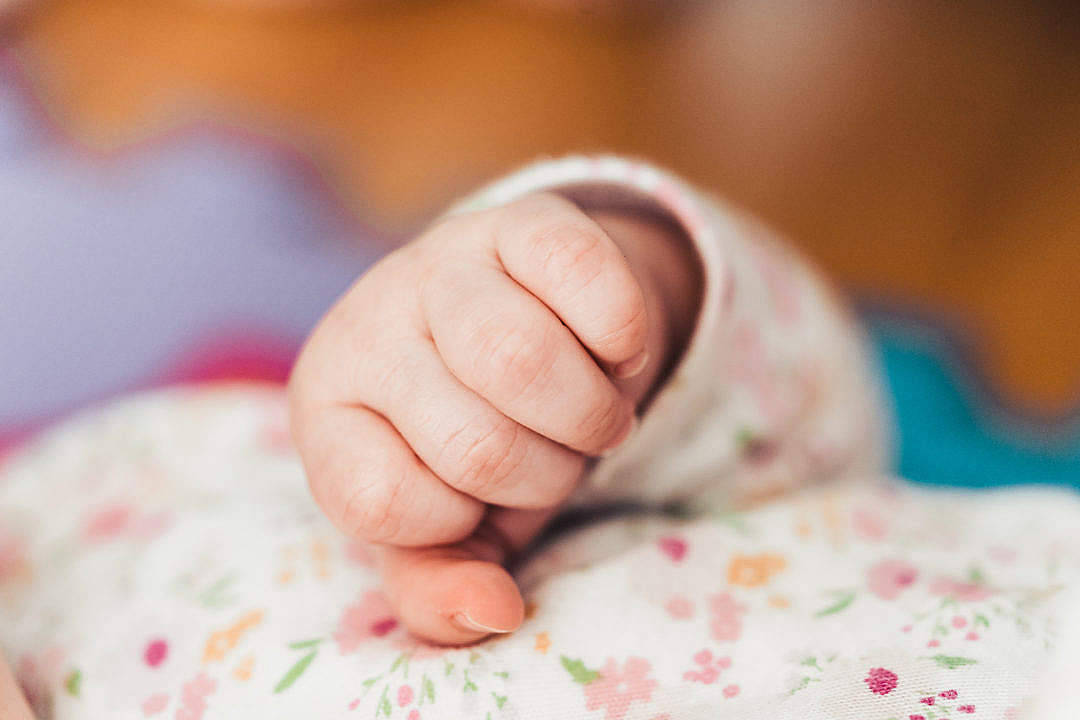 Baby Boy 桌布 壁紙 — 特寫鏡頭：嬰兒細小緊握的拳頭，擱在柔軟的花卉毛毯上，背景溫暖而模糊。