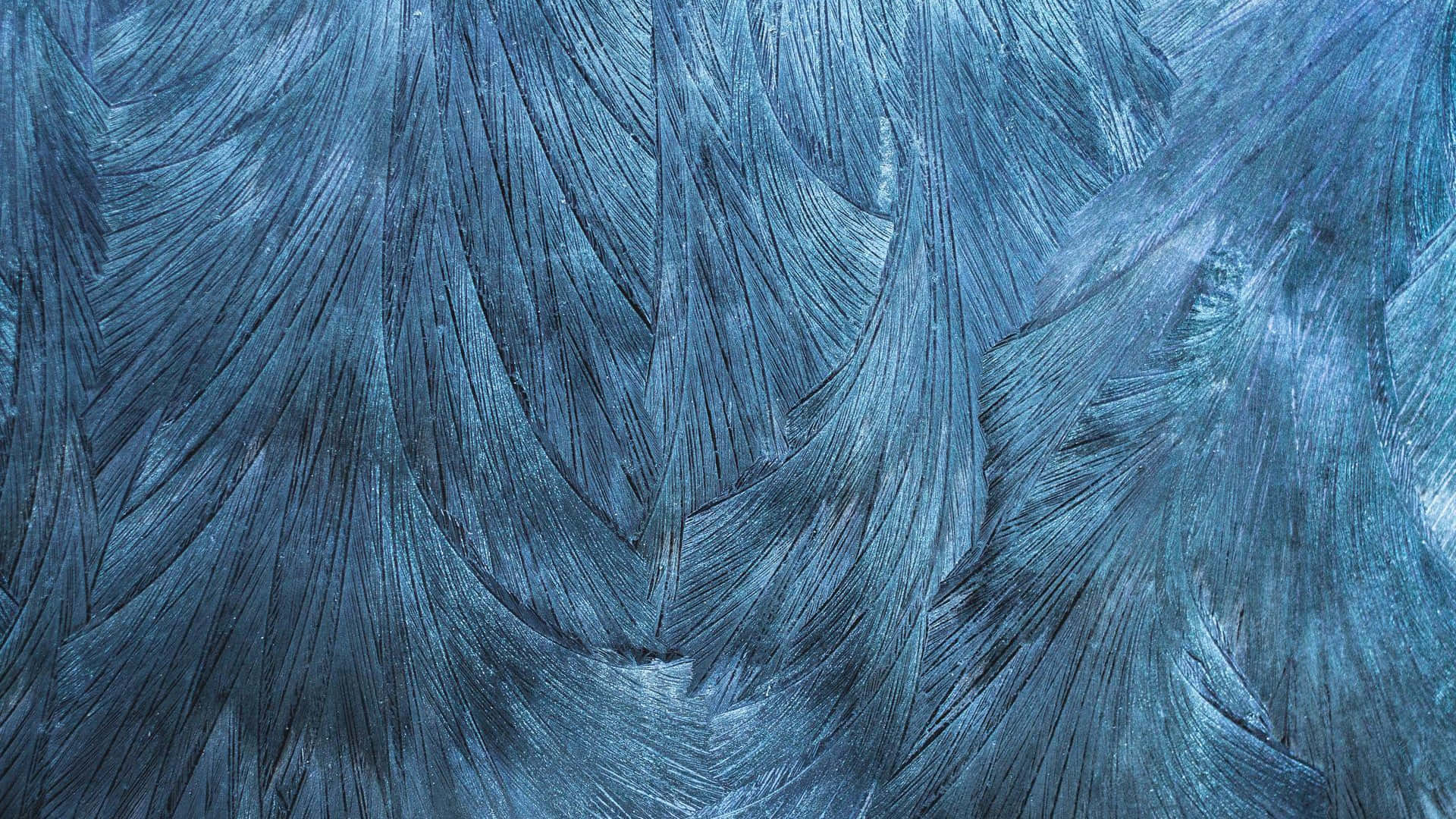 Grey Blue 桌布 壁紙 — 特寫鏡頭：寒冷表面上形成精緻羽毛狀晶體的複雜藍色霜凍圖案。