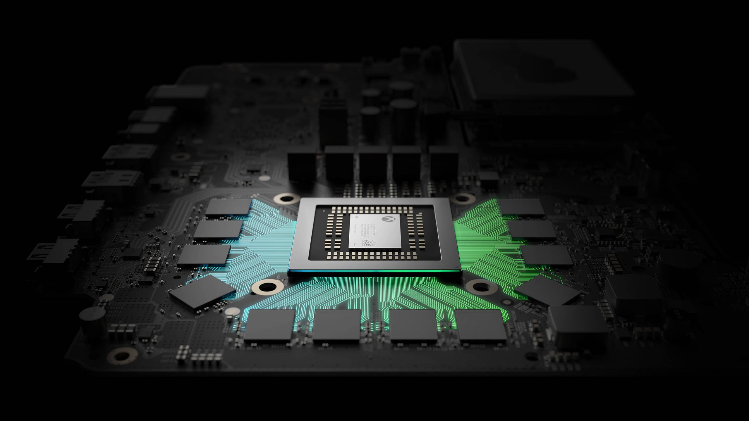Processor 桌布 壁紙 — 特寫鏡頭，展示一塊高科技顯示卡，帶有發光的綠色電路和中央處理器，背景為深色。
