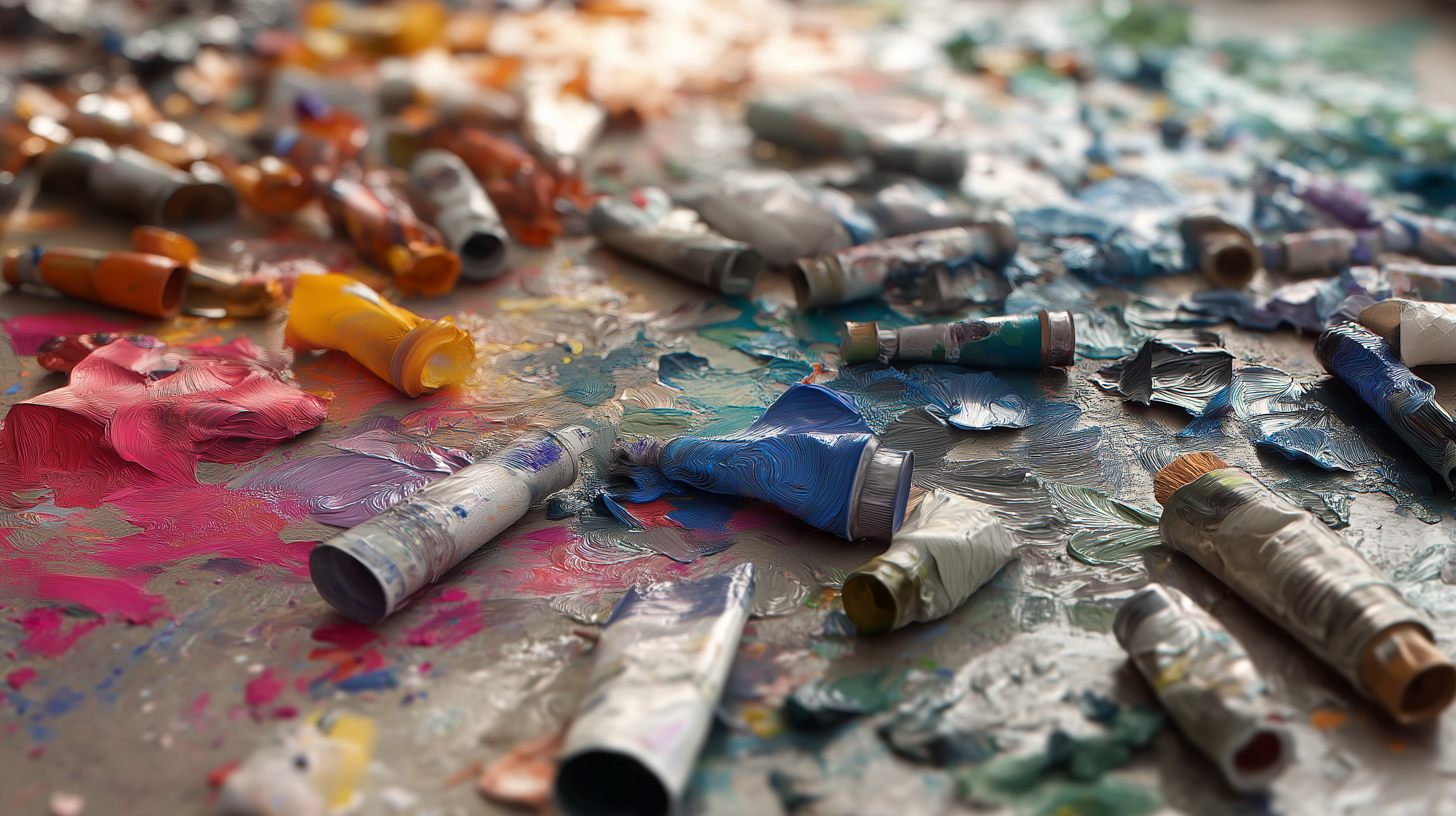 paint 桌布 壁紙 — 特寫鏡頭，展示散落的顏料管和充滿活力的顏料飛濺在紋理藝術家調色板表面上。