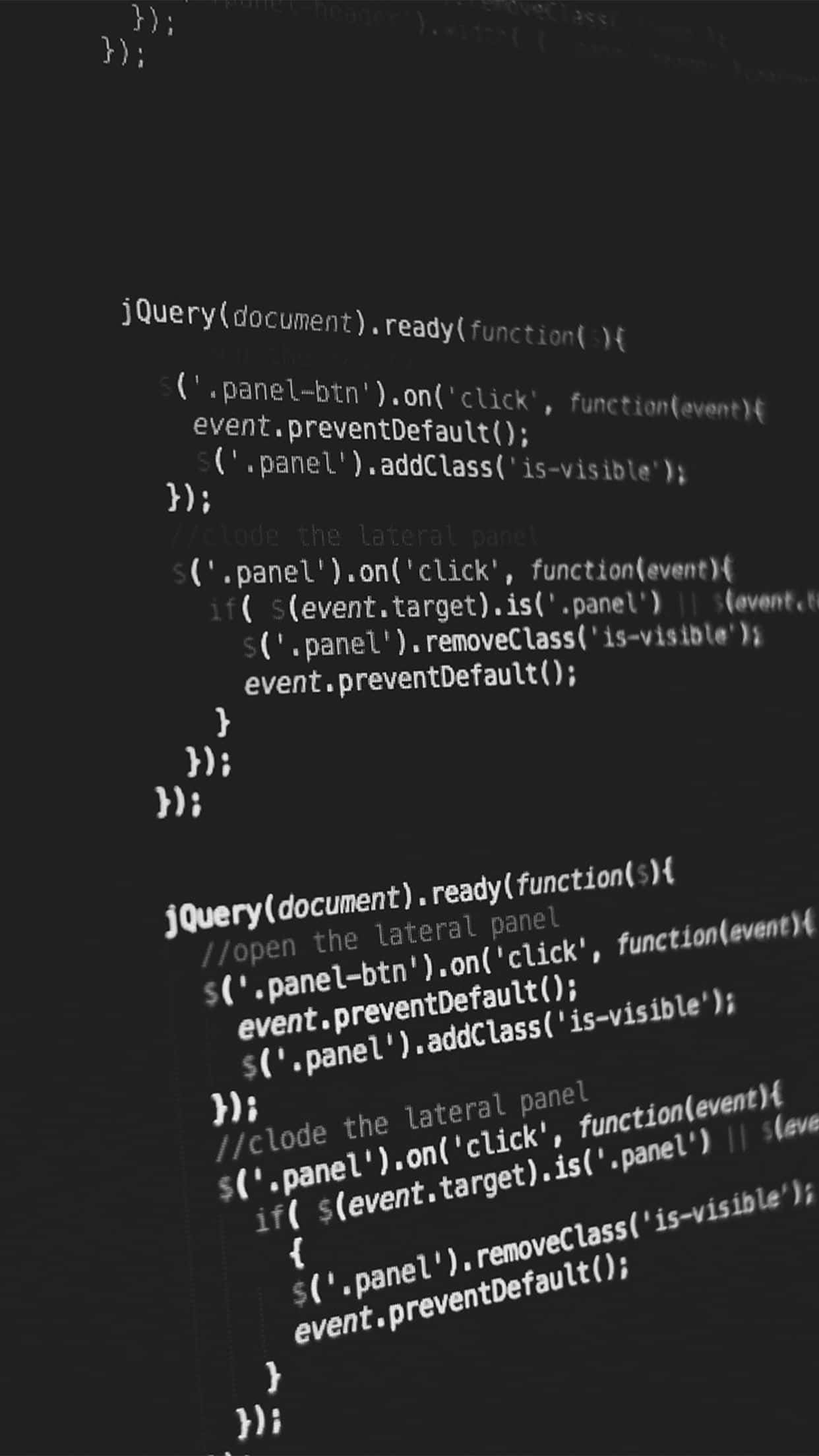 iPhone 桌布 壁紙 — 特寫鏡頭：發光的白色JavaScript和jQuery程式碼在深色螢幕上滾動，帶有模糊的語法高亮。