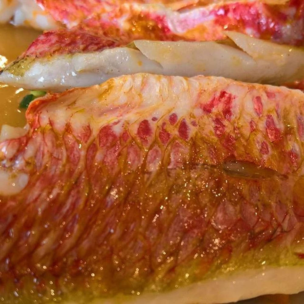 烹飪 桌布 壁紙 — 特寫鏡頭：盤中烤魚片帶粉紅色大理石紋理及閃亮醬汁。