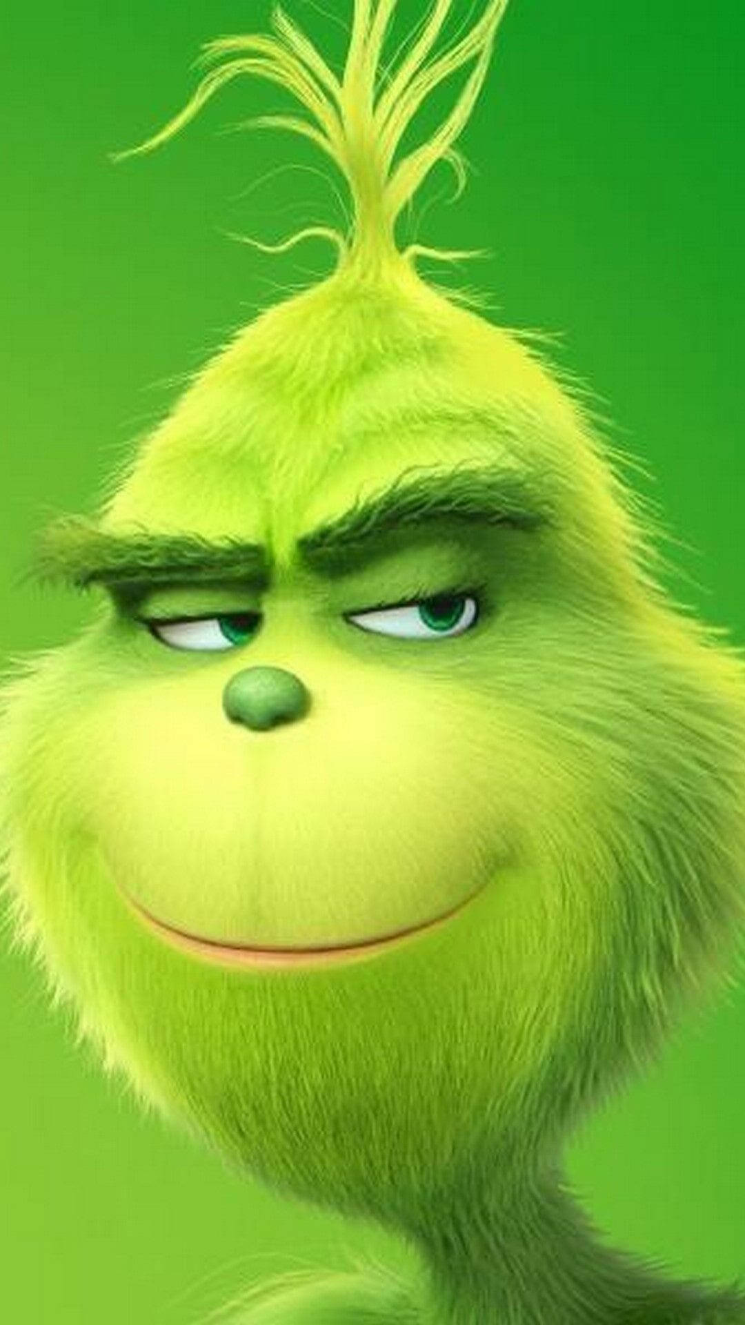 鬼靈精 桌布 壁紙 — 特寫鏡頭：聖誕怪傑 Grinch 的綠色苦瓜臉，帶著譏笑，襯以純綠色背景。