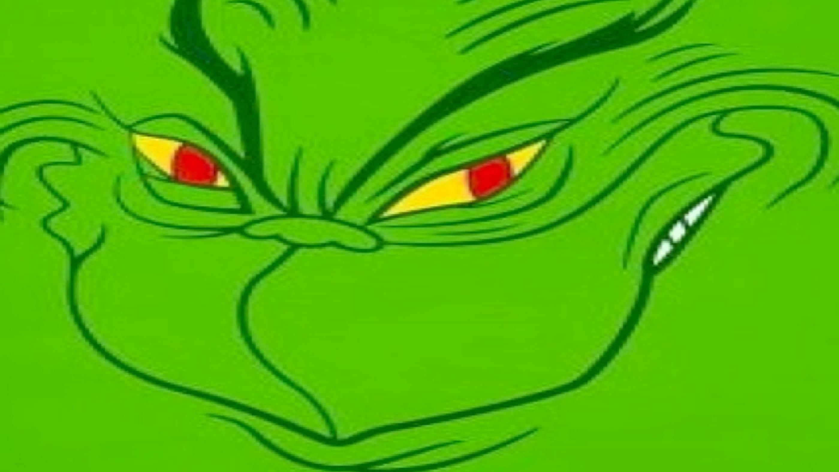 Grinch Zoom 桌布 壁紙 — 特寫鏡頭：聖誕怪傑憤怒的綠色面孔，紅眼睛和尖牙，背景為純綠色。