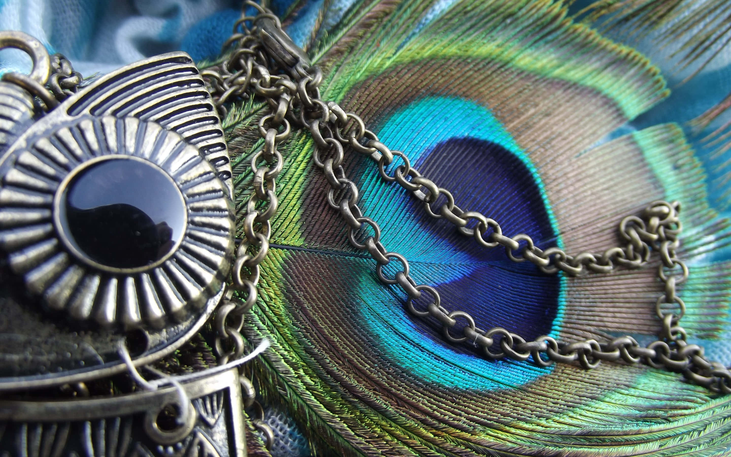 Jewelry Design 桌布 壁紙 — 特寫鏡頭：華麗銀飾鑲黑寶石，置於鮮豔藍綠色孔雀羽毛上。