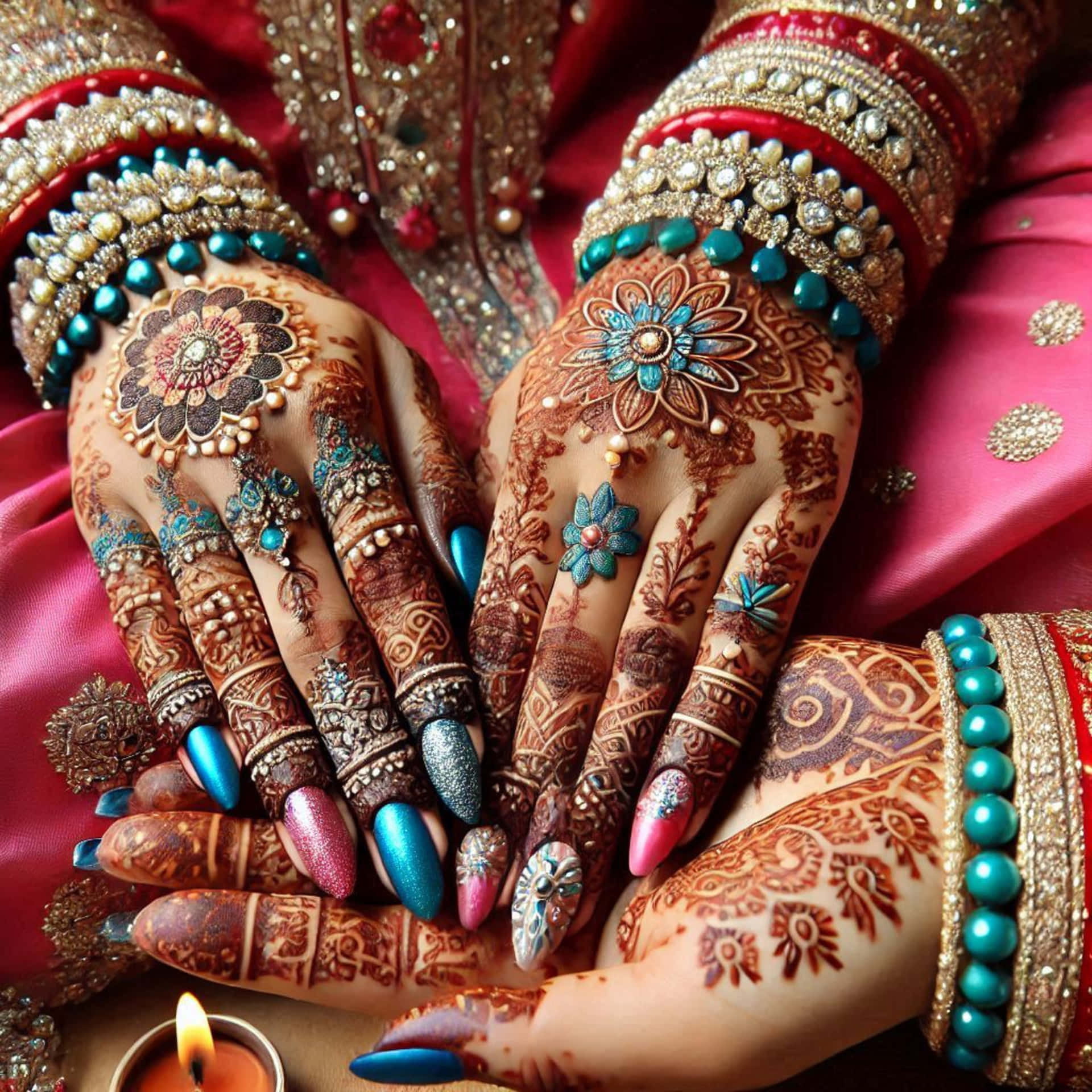 Indian makeup image 壁紙 — 特寫鏡頭：飾有精緻指甲花圖案、閃亮指甲和綠松石珠手鐲的雙手，背景為濃郁的粉紅色布料。