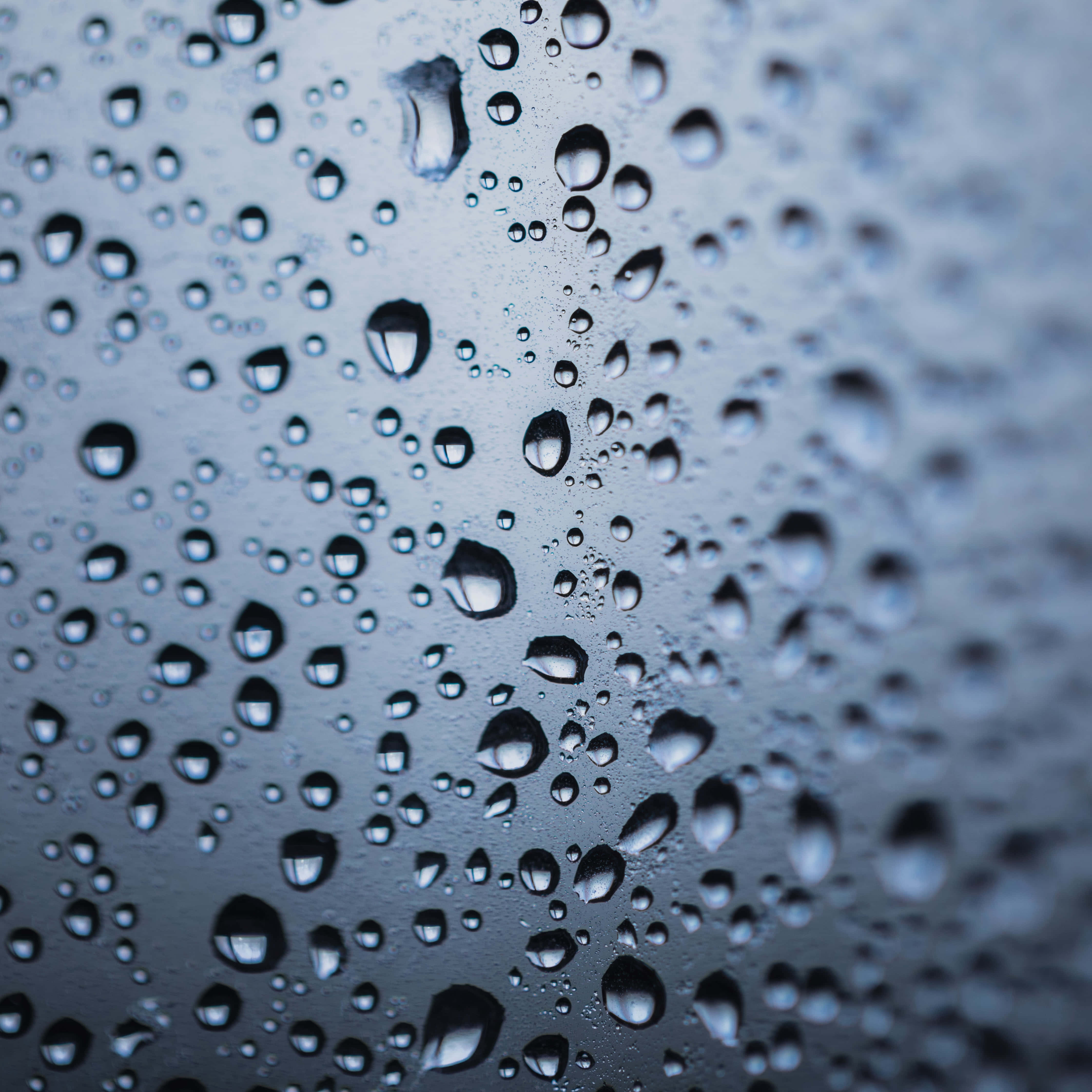 Liquid 桌布 壁紙 — 特寫鏡頭捕捉依附在玻璃表面的雨滴，反射出冷藍色和灰色調，背景帶有柔和散景效果。