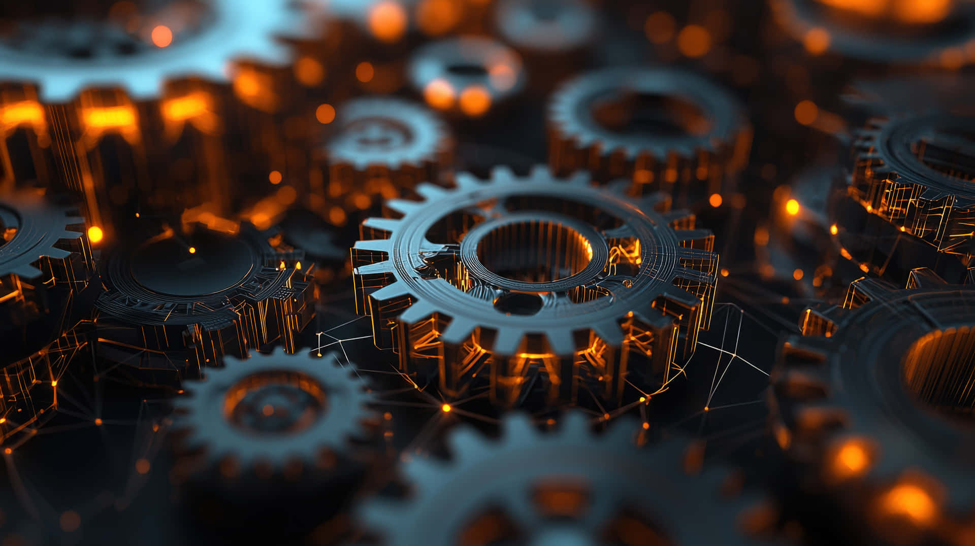A close-up of interconnected gears with glowing orange highlights 壁紙 — 特寫鏡頭顯示相互連接的金屬齒輪在黑暗背景下發出溫暖的橙色光芒。