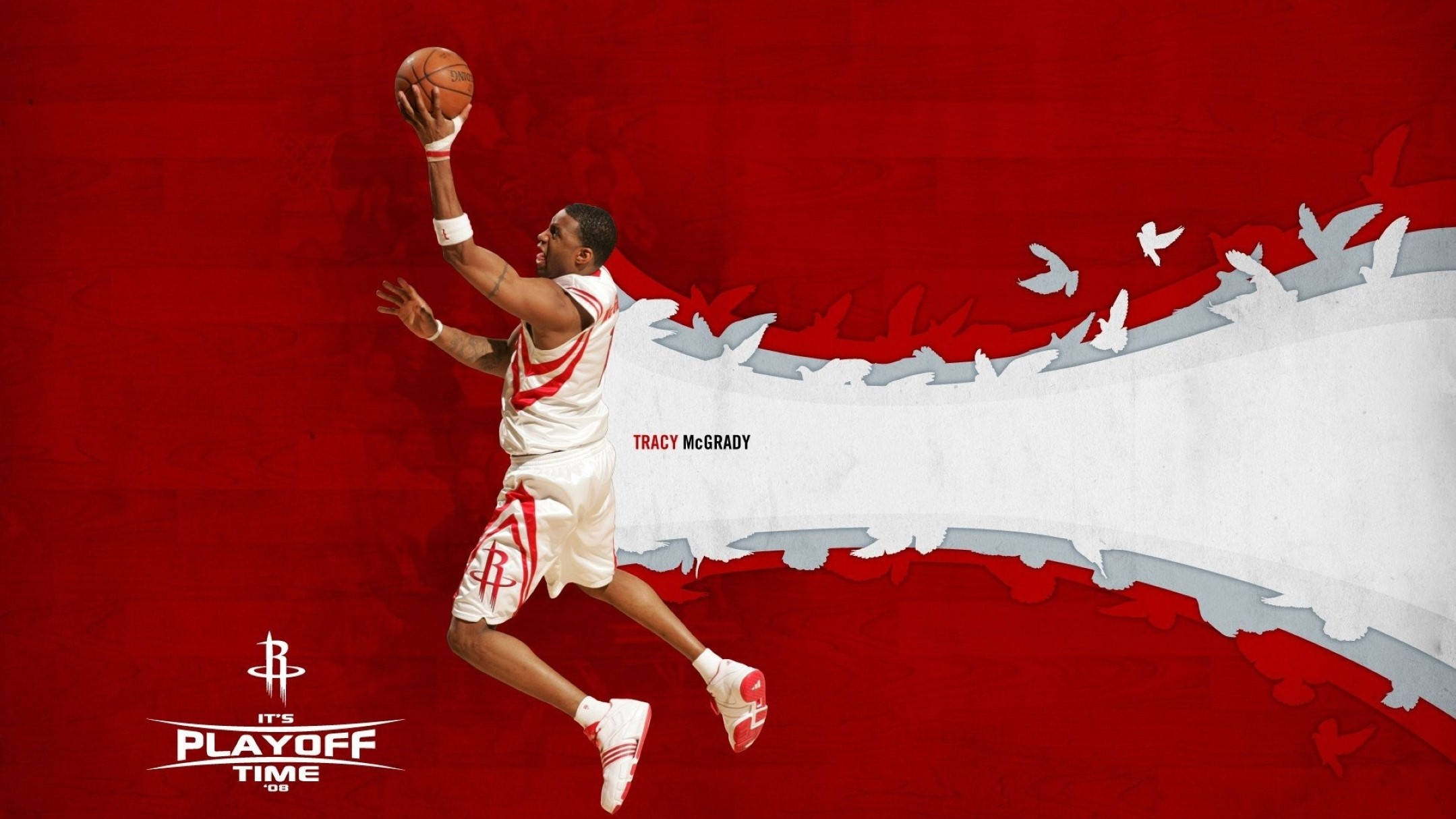 Houston Rockets 桌布 壁紙 — 特雷西·麥克格雷迪身穿白色火箭隊球衣，在鮮紅色背景襯托下動態躍起，背景有白色鳥兒飛翔。