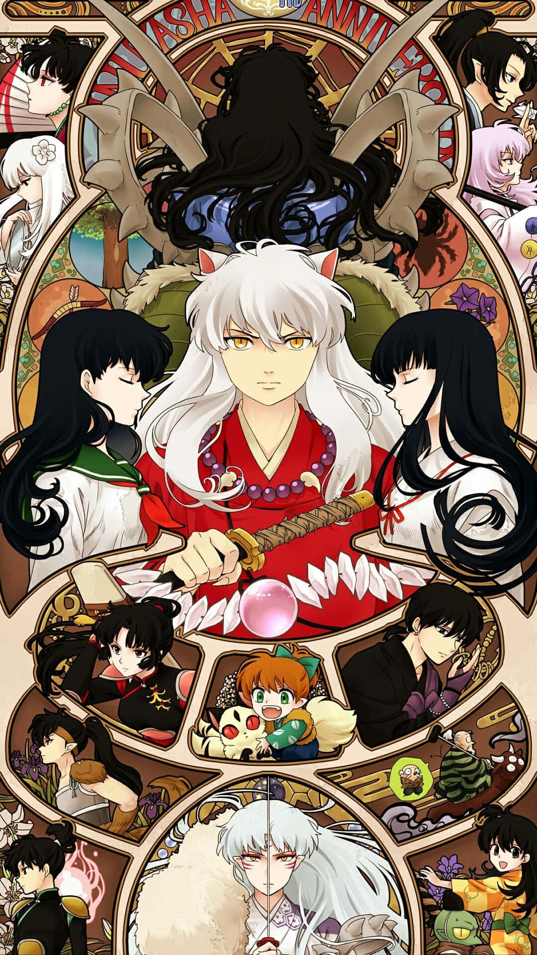 Inuyasha iPhone 桌布 壁紙 — 犬夜叉的動漫角色以彩色玻璃風格呈現，色彩鮮豔，並融入傳統日本圖案。