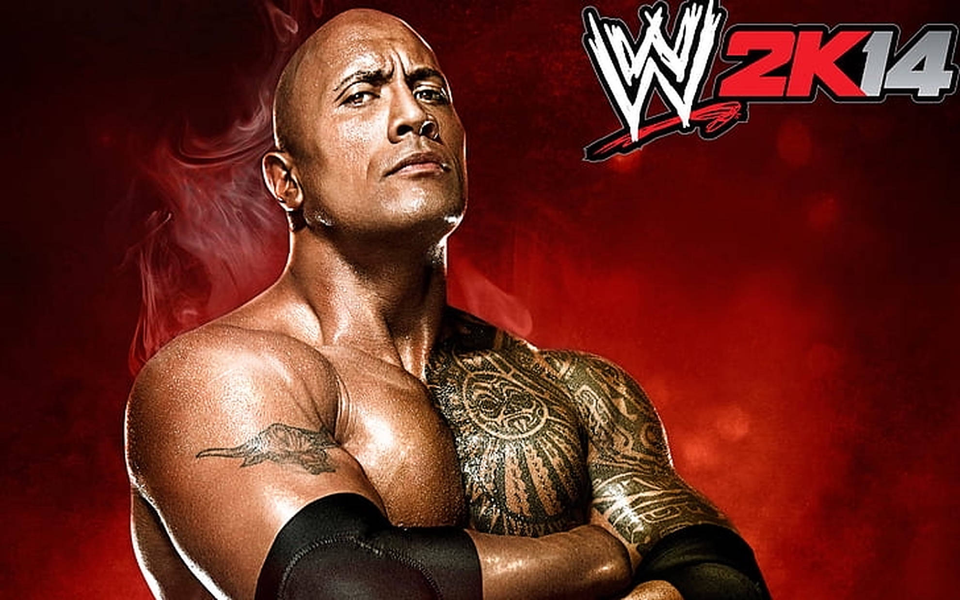 WWE 桌布 壁紙 — 狄維·強森在WWE 2K14宣傳藝術中，雙臂交叉，在煙霧瀰漫的紅色背景前凝視著。