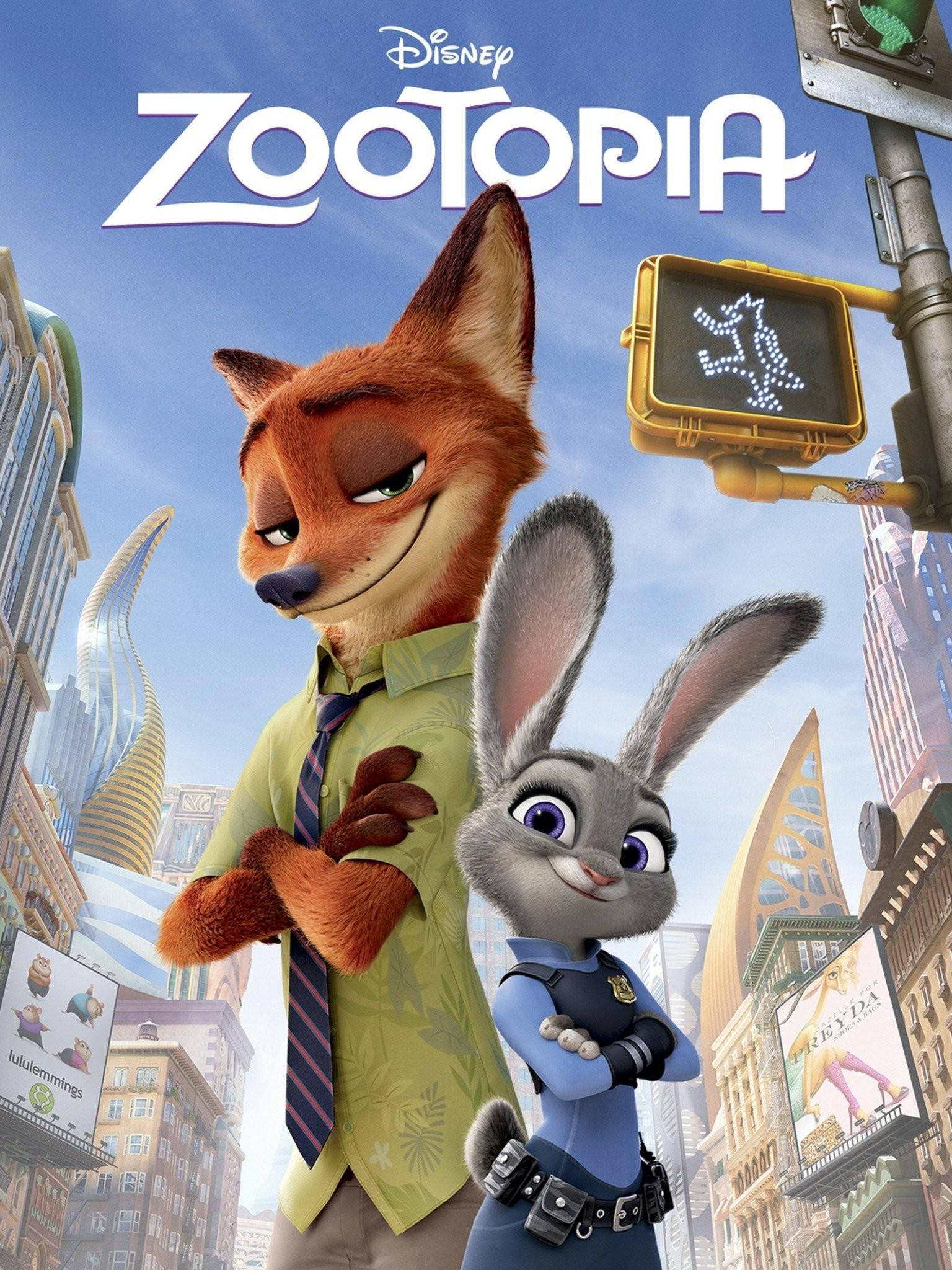 Judy Hopps 桌布 壁紙 — 狐狸和兔子主角在晴朗藍天下自信地站在充滿活力的未來城市景觀中。