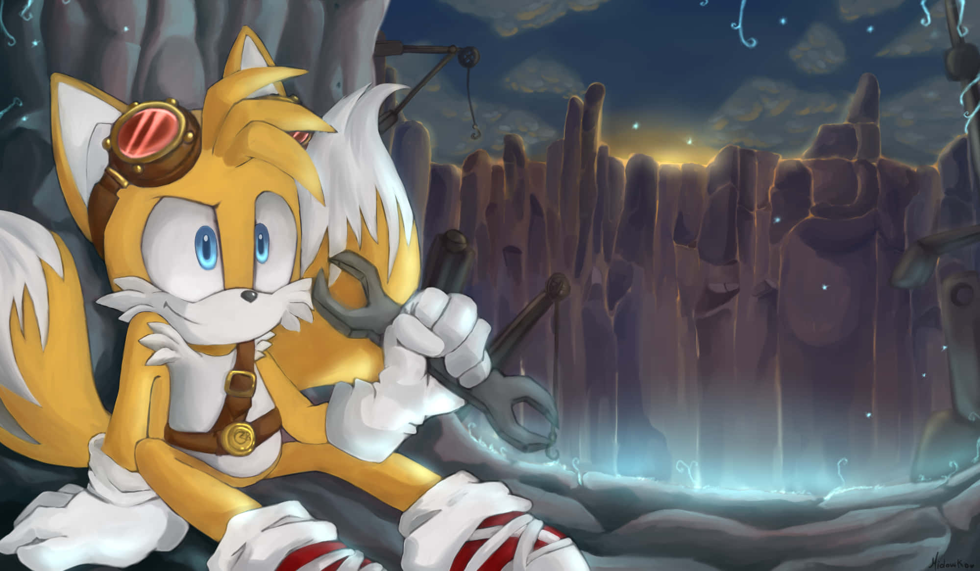 Tails 桌布 壁紙 — 狐狸塔爾斯穿著蒸氣龐克裝備，在夜晚發光的洞穴中拿著扳手，周圍有鋸齒狀岩石結構。