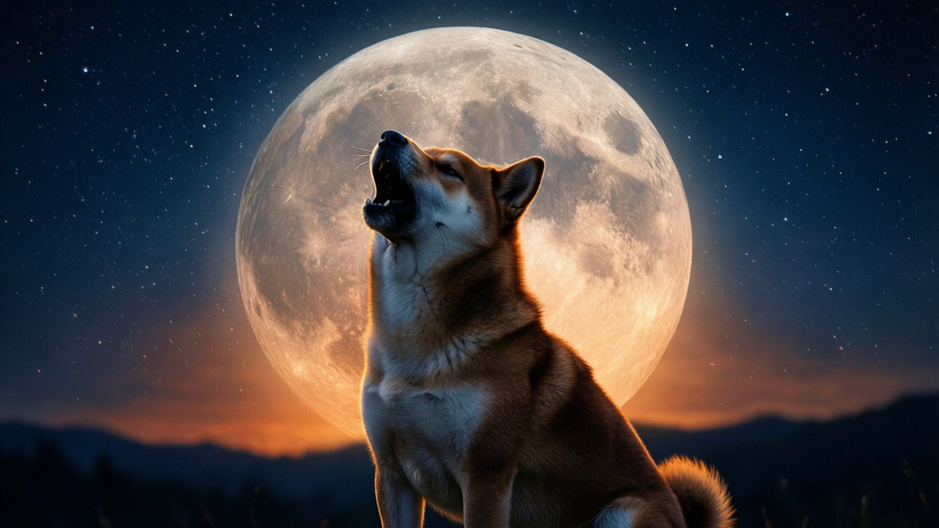 狗狗與月亮 壁紙 — 一隻柴犬對著一輪巨大的發光月亮嚎叫，背景是星光燦爛的暮色天空和輪廓分明的山脈。