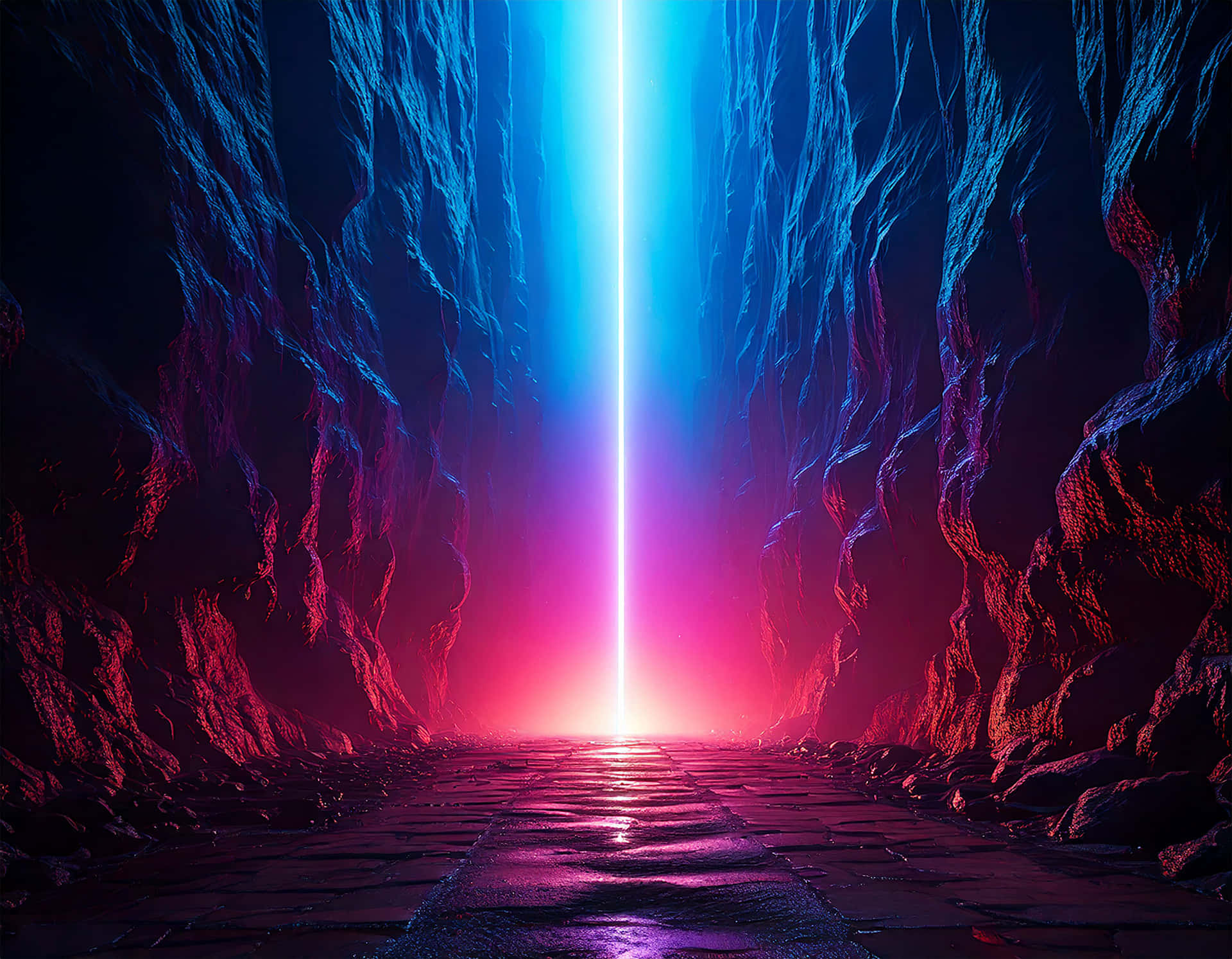 Light Beam 壁紙 — 狹窄峽谷，參差不齊的岩壁沐浴在末端發光的垂直光束所發出的鮮豔藍色和粉紅色霓虹燈光中。