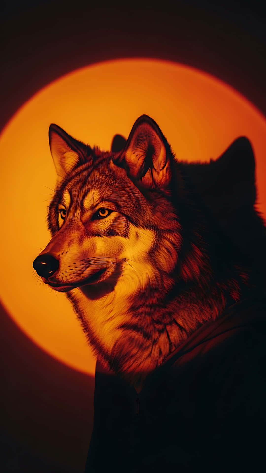 Wolf Sun Portrait 壁紙 — 狼的側面頭部沐浴在溫暖的橙色光芒中，背景是一個發光的圓形。