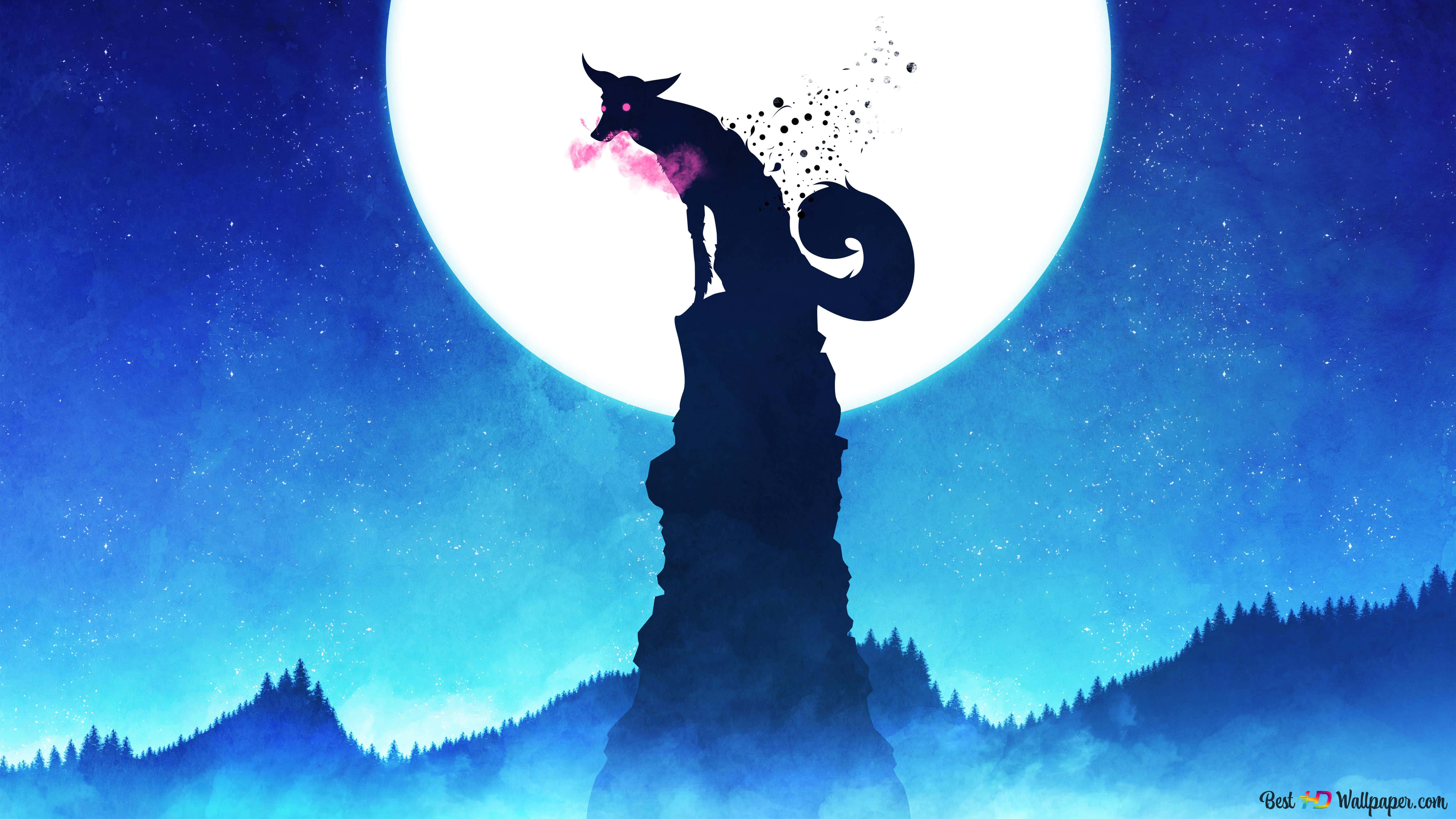Cool Anime Fox 桌布 壁紙 — 狼的剪影棲息在岩石山峰上，一輪明亮的滿月將藍光投射在森林地平線上。