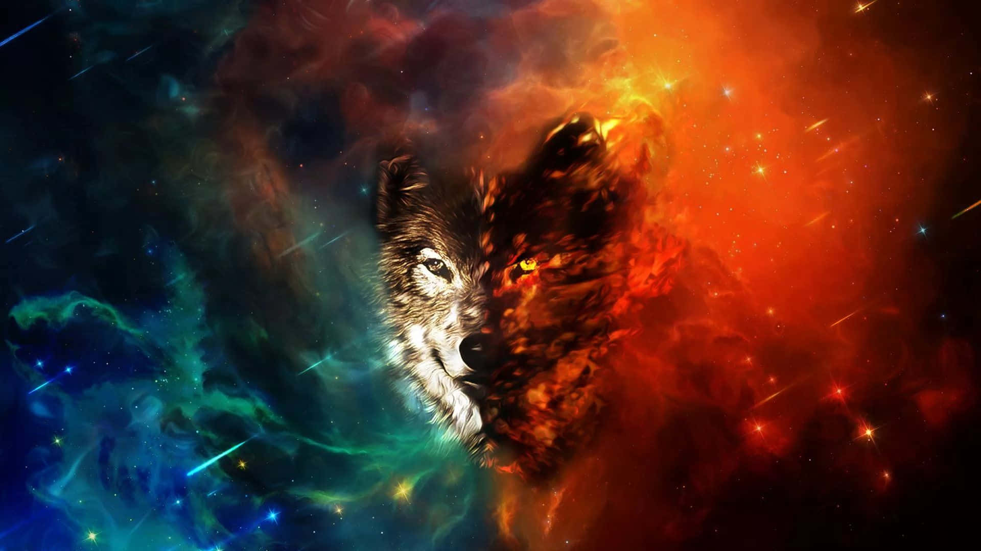 Beautiful Wolf 桌布 壁紙 — 狼的臉從宇宙星雲中浮現，一半形狀散發出火熱的橙色光芒，映襯著繁星點點的藍綠色星系。