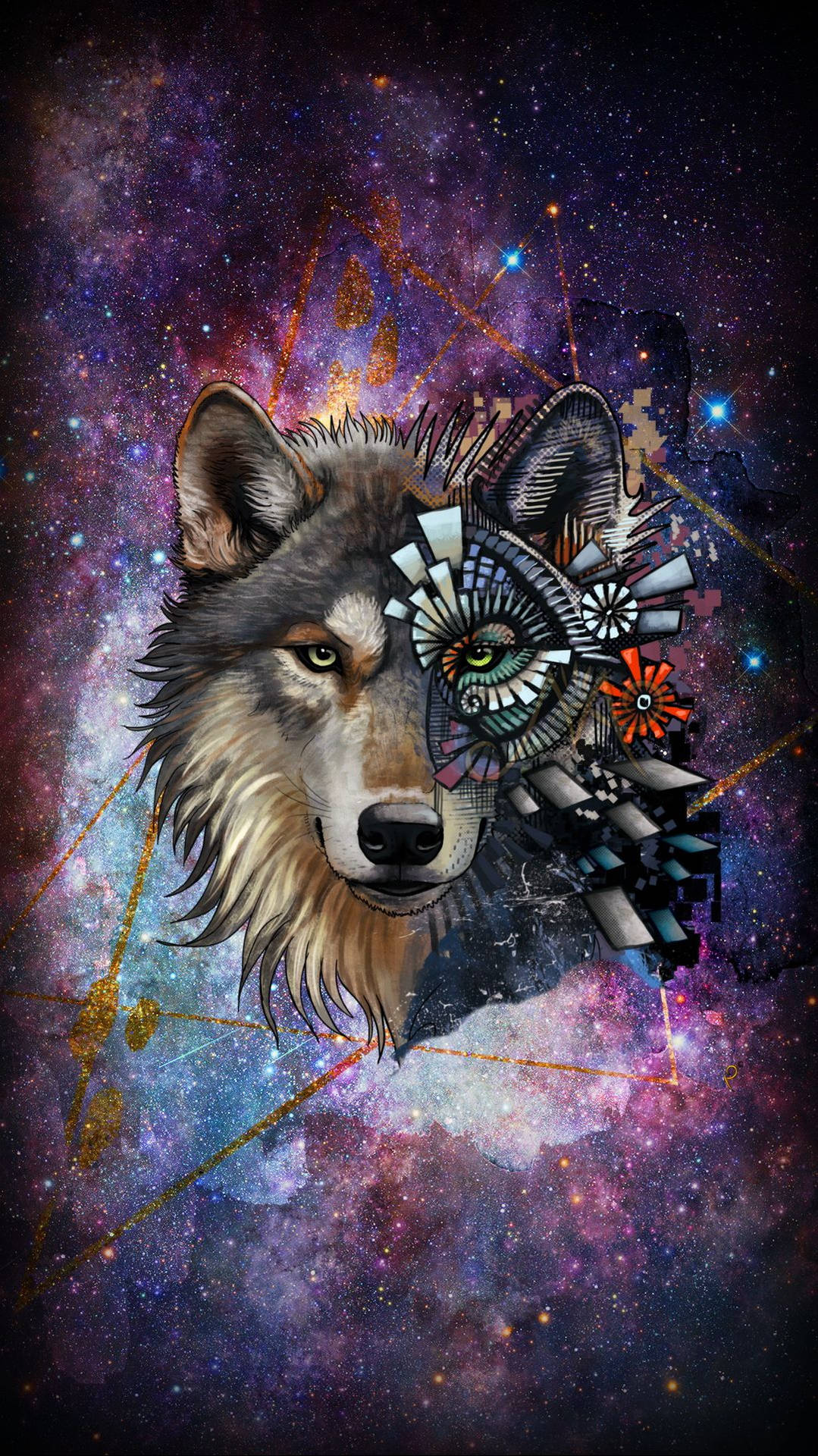 幾何圖案的狼頭，背景是色彩繽紛的宇宙星系。