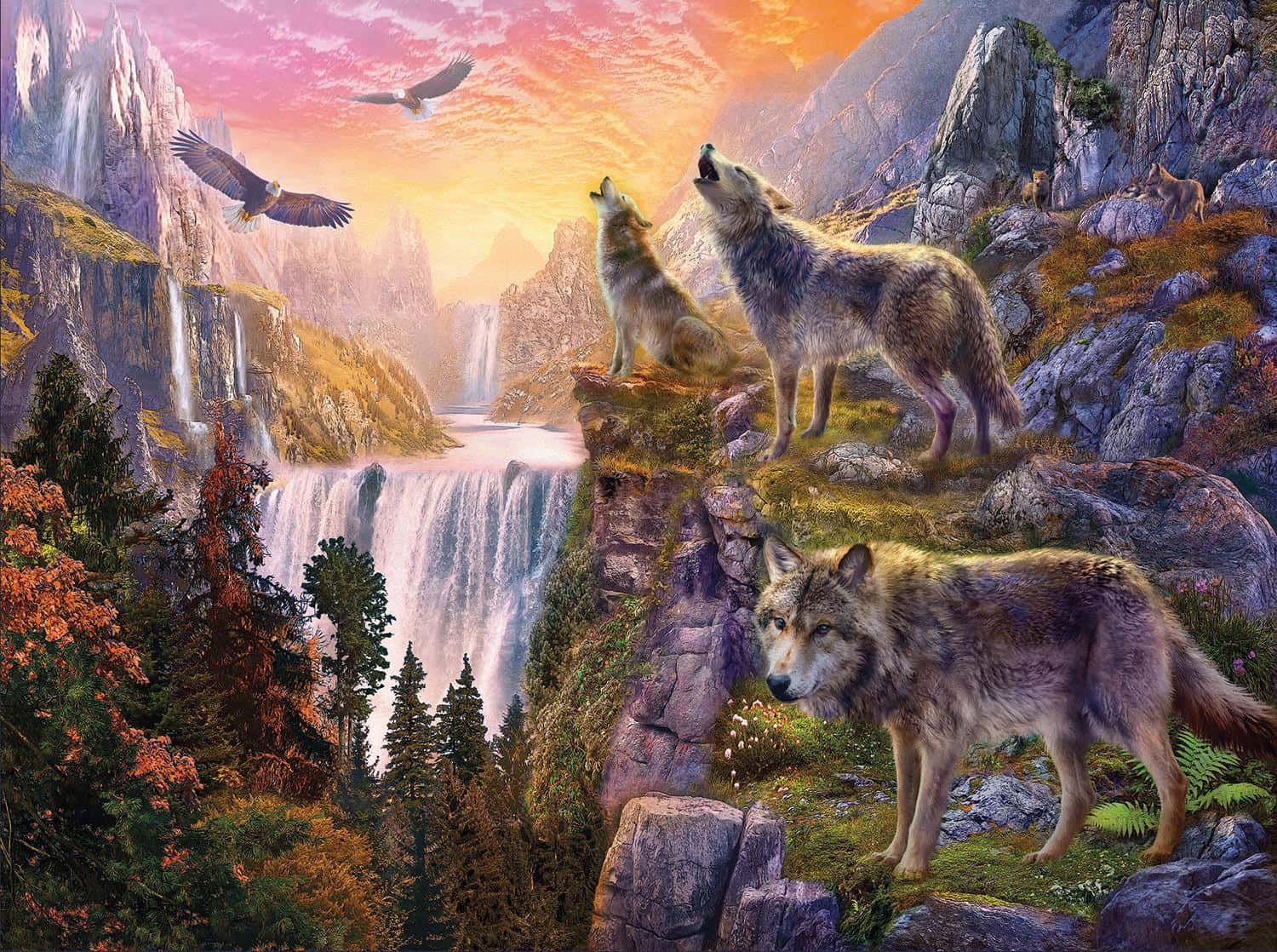 Beautiful Wolf 桌布 壁紙 — 狼群在俯瞰壯麗瀑布的懸崖上嚎叫，老鷹在火紅的夕陽天空中翱翔。