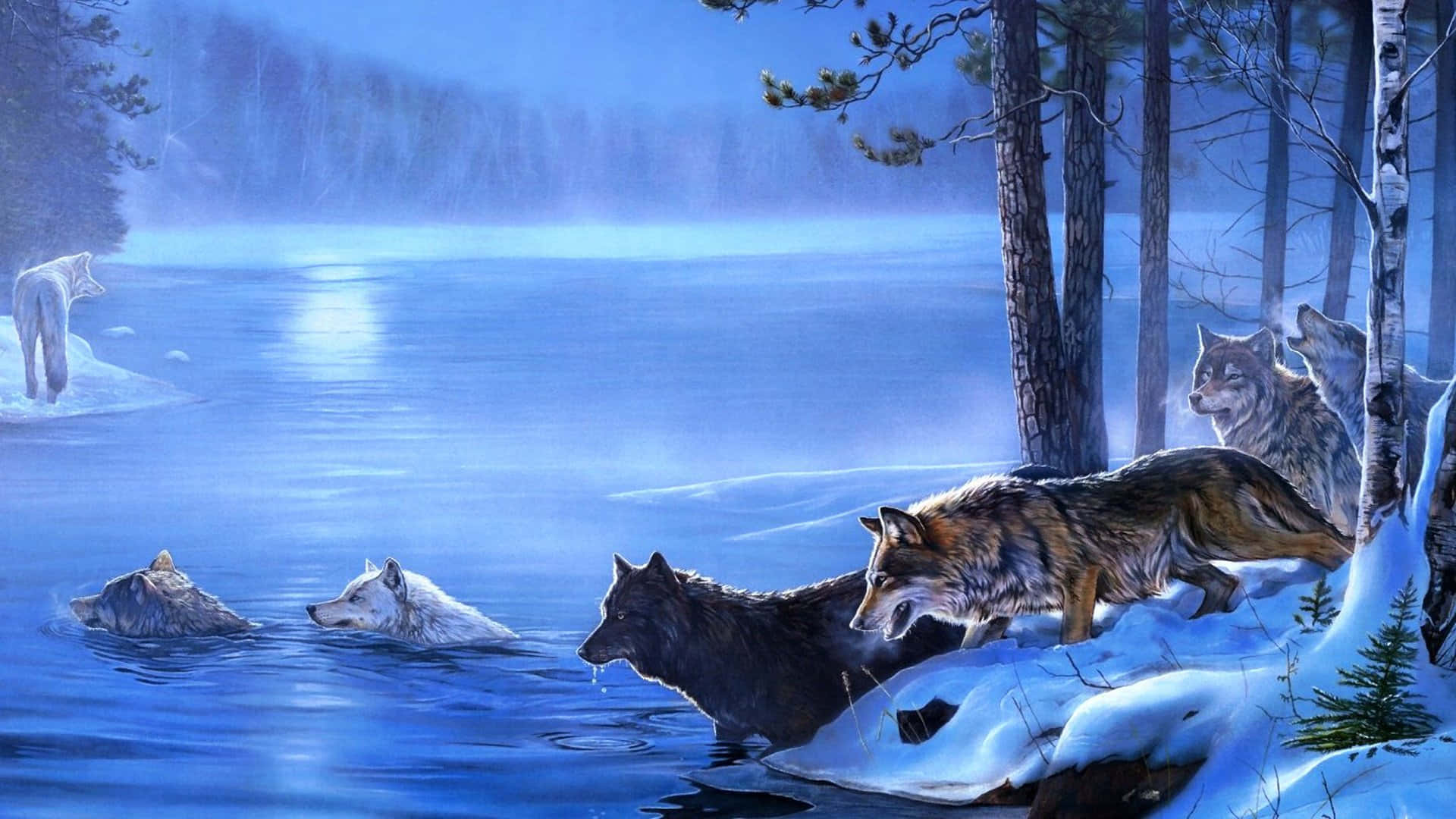 狼 桌布 壁紙 — 狼群聚集在霧氣瀰漫的暮色天空下，雪地森林中一個冰凍的藍色湖泊周圍。