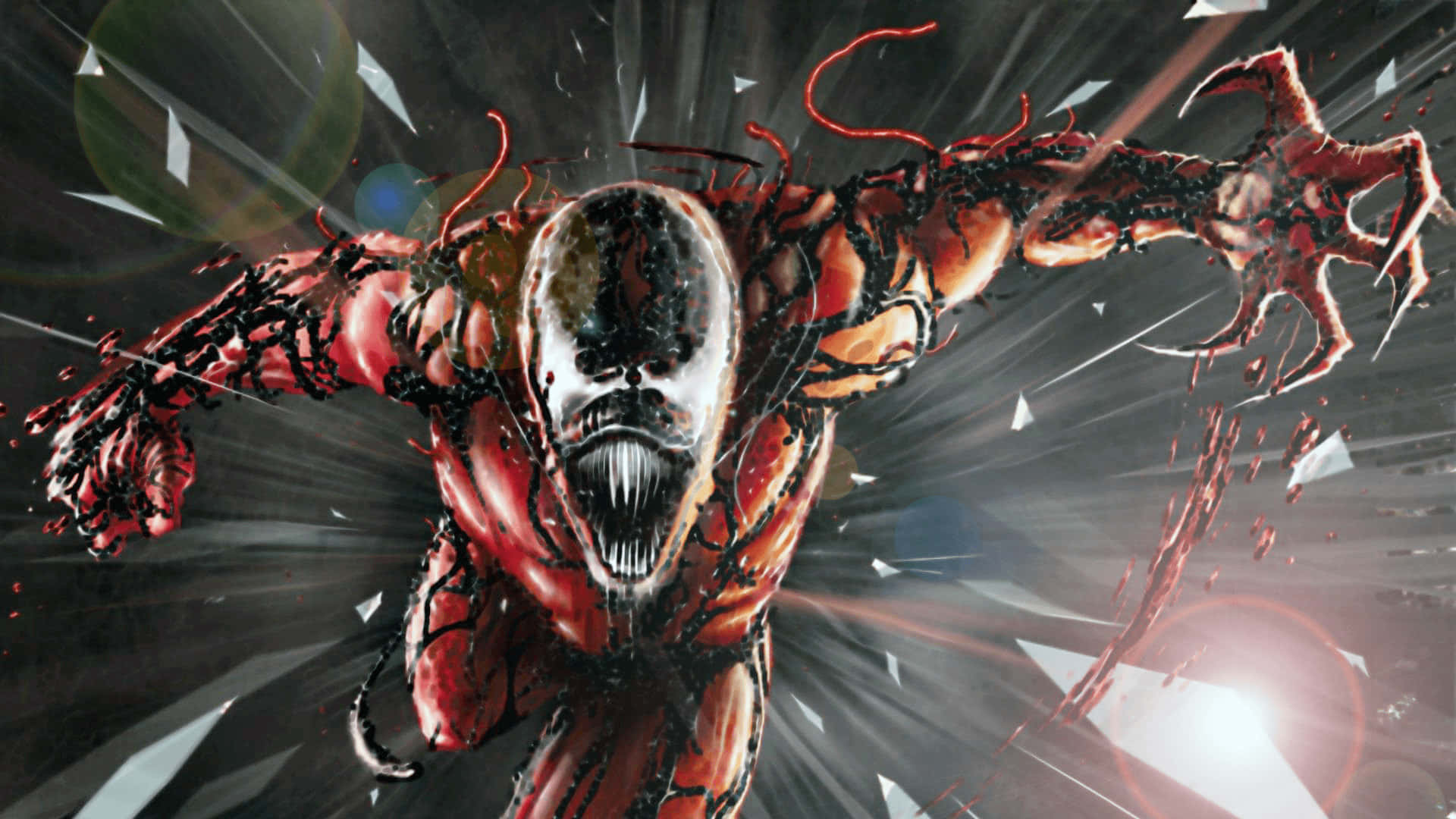 Maximum Carnage 桌布 壁紙 — 猛毒以動感漫畫風格，伸出利爪，在破碎玻璃背景前猛衝向前。