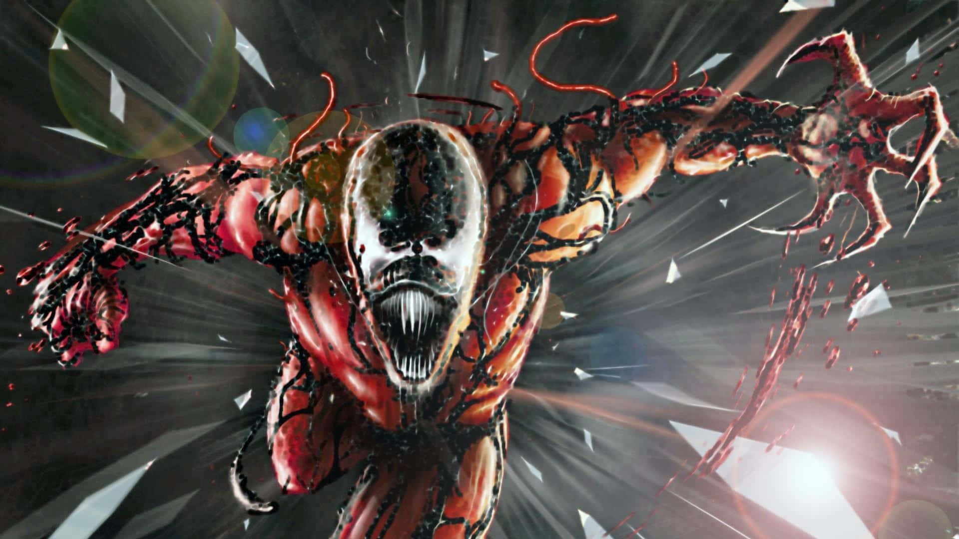 Carnage USA 桌布 壁紙 — 猛毒以動感漫畫風格，伸出利爪，衝破碎裂玻璃背景向前猛撲。