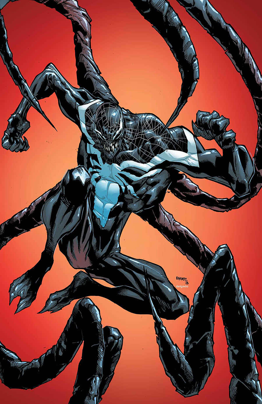 Superior Spider-man 桌布 壁紙 — 猛毒以動態姿勢展現多條觸手，背景為火熱橙色。