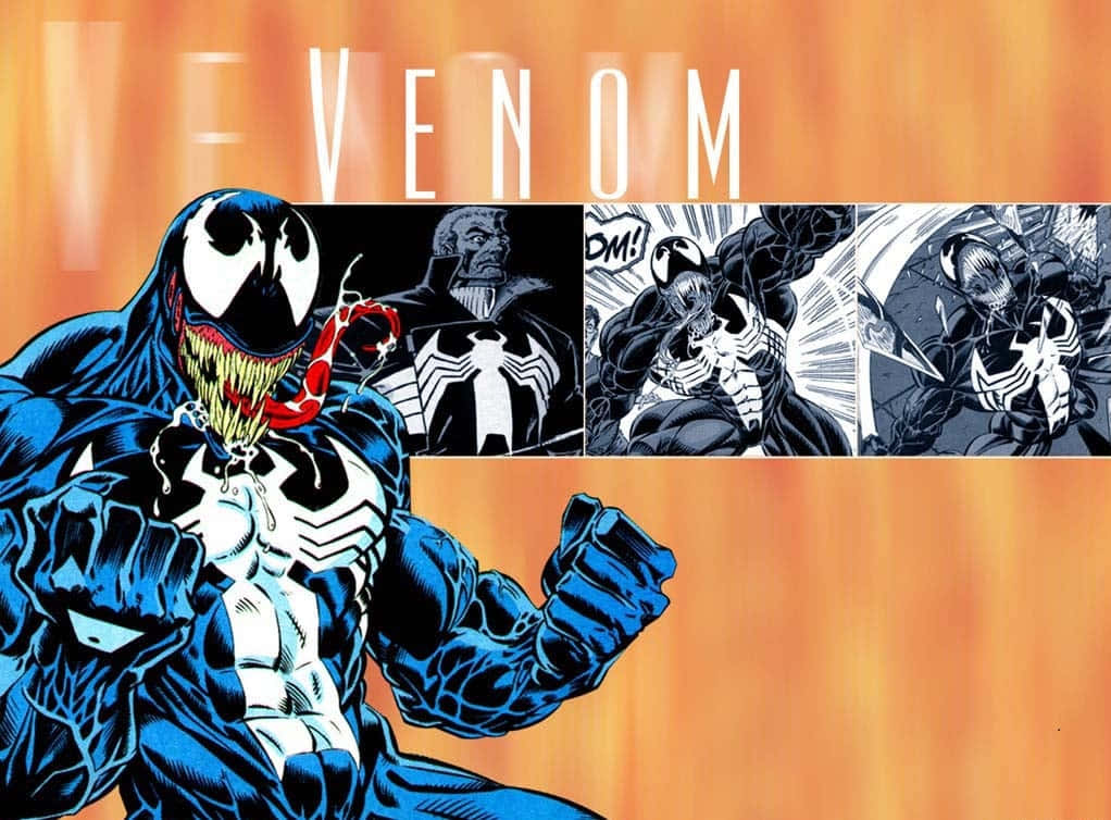 Venom Comic Book 桌布 壁紙 — 猛毒以大膽的漫畫藝術風格威嚴地站立，動態面板展示了他的憤怒和力量，背景為橙色漸變。