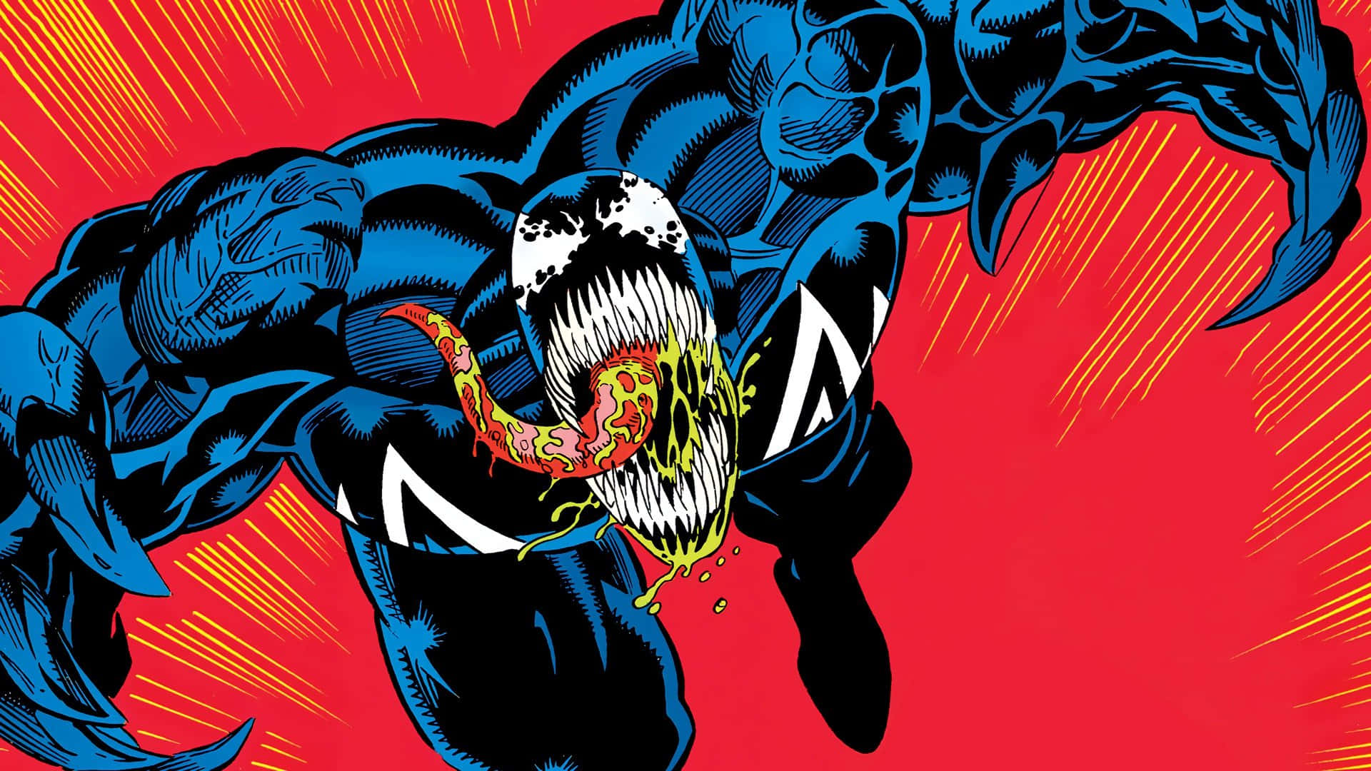 Venom Comic Book 桌布 壁紙 — 猛毒咆哮著，發光的黃色毒液從他長滿尖牙的嘴裡滴落，背景是帶有黃色條紋的火紅色。