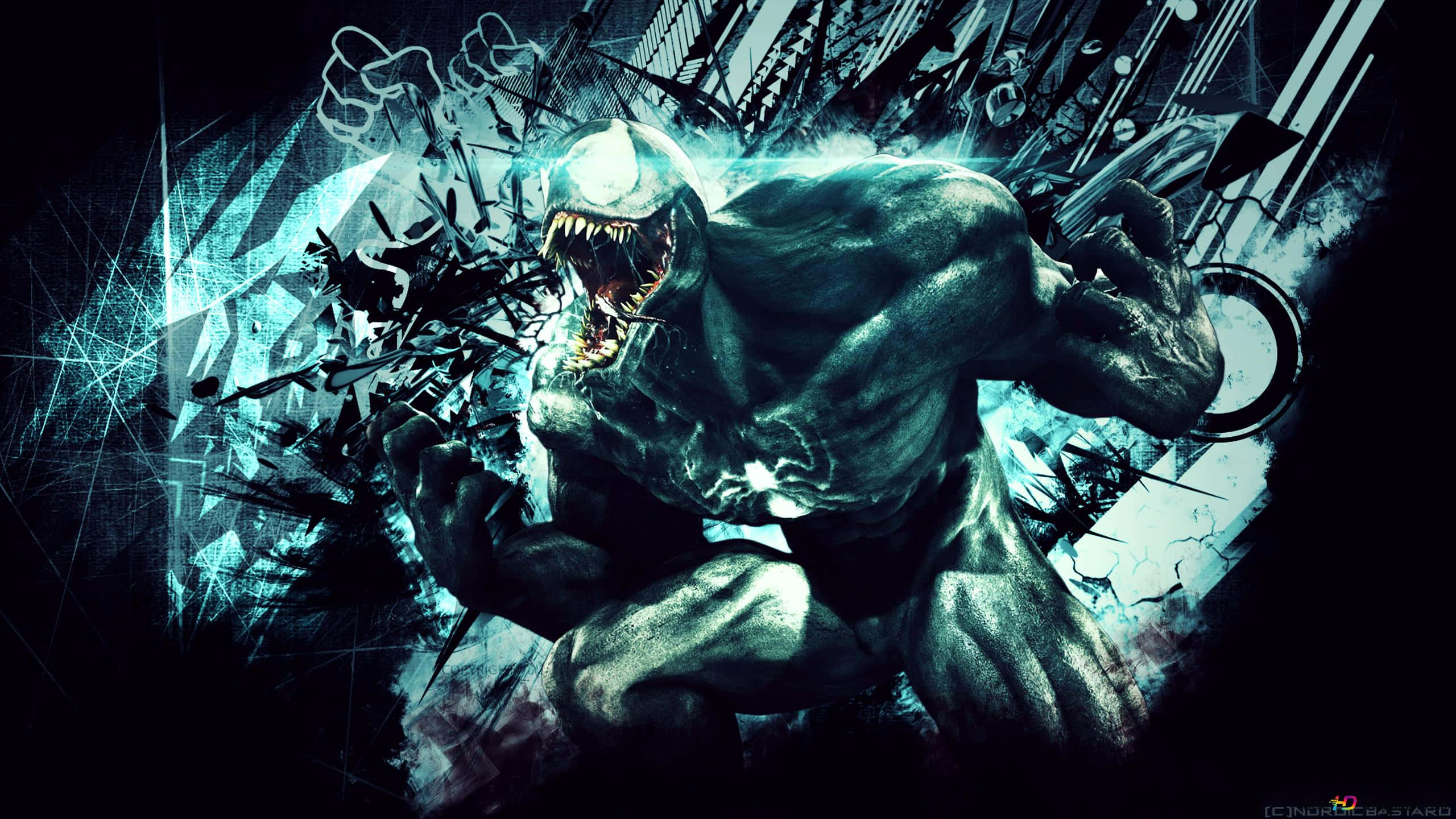 Symbiote 桌布 壁紙 — 猛毒咆哮著，眼睛發光，牙齒鋒利，以動態漫畫風格衝破破碎的城市背景。
