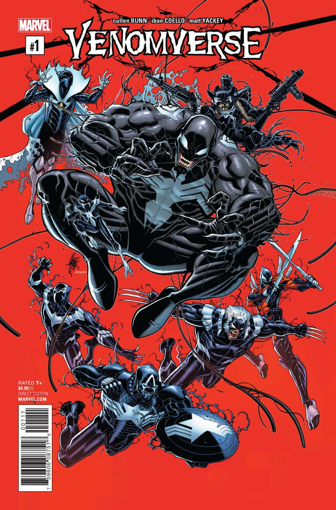 Venomverse 桌布 壁紙 — 猛毒和其他共生體英雄在鮮紅色背景上以漫畫封面插圖的形式動態碰撞。