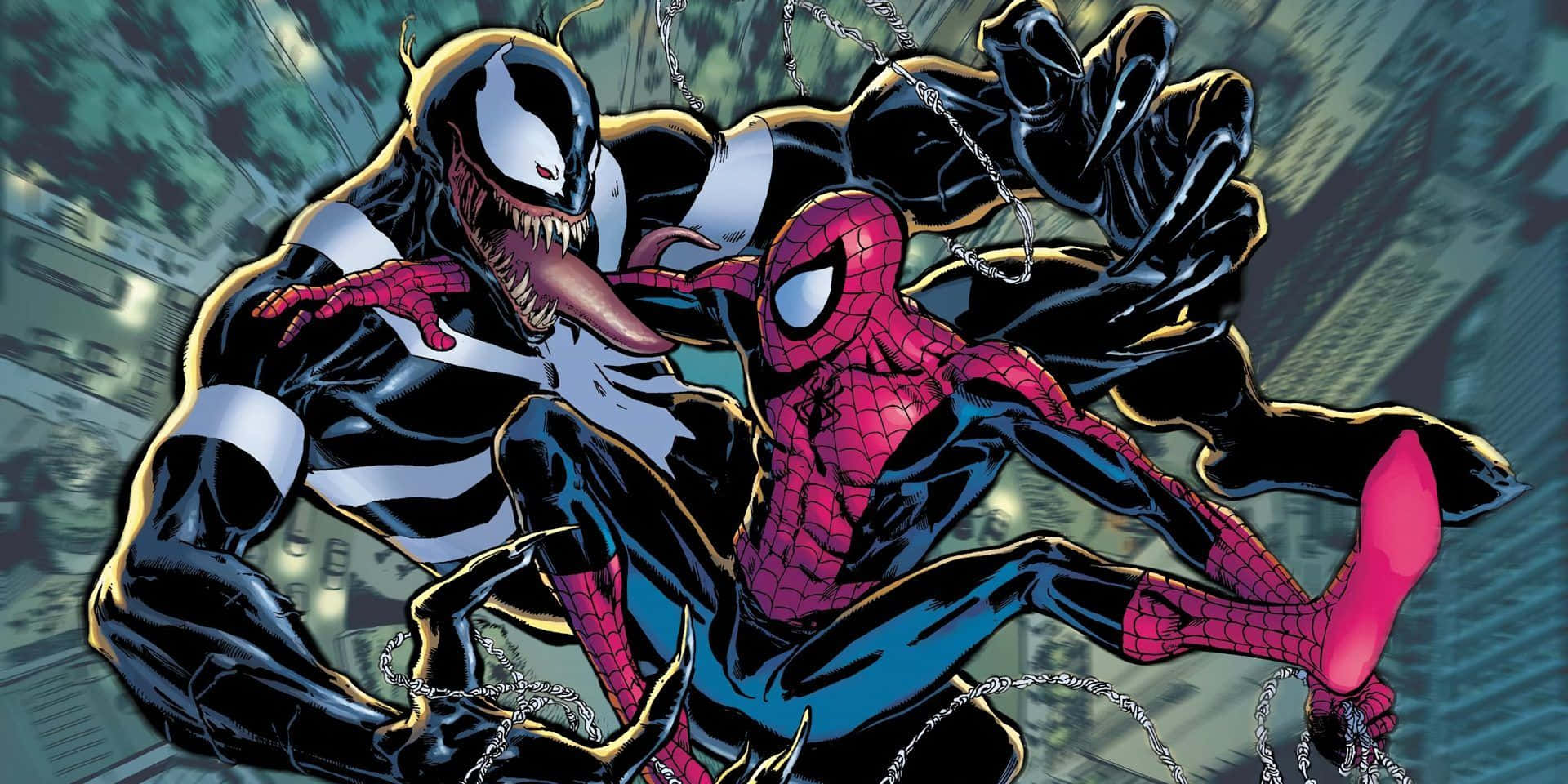 Venom Comic Book 桌布 壁紙 — 猛毒在模糊的城市景觀上向蜘蛛人猛撲，展開一場動態的漫畫書戰鬥。