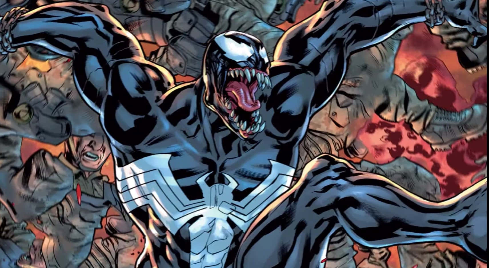 Venom Comic Book 桌布 壁紙 — 猛毒在混亂的戰鬥中，面對尖叫的敵人和熾熱的紅色爆炸，張開獠牙咆哮。