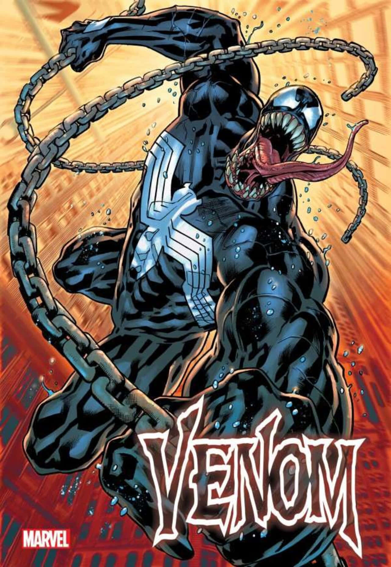 Venomized 桌布 壁紙 — 猛毒在火焰城市背景下揮舞巨大鎖鏈，展現動態漫畫藝術。