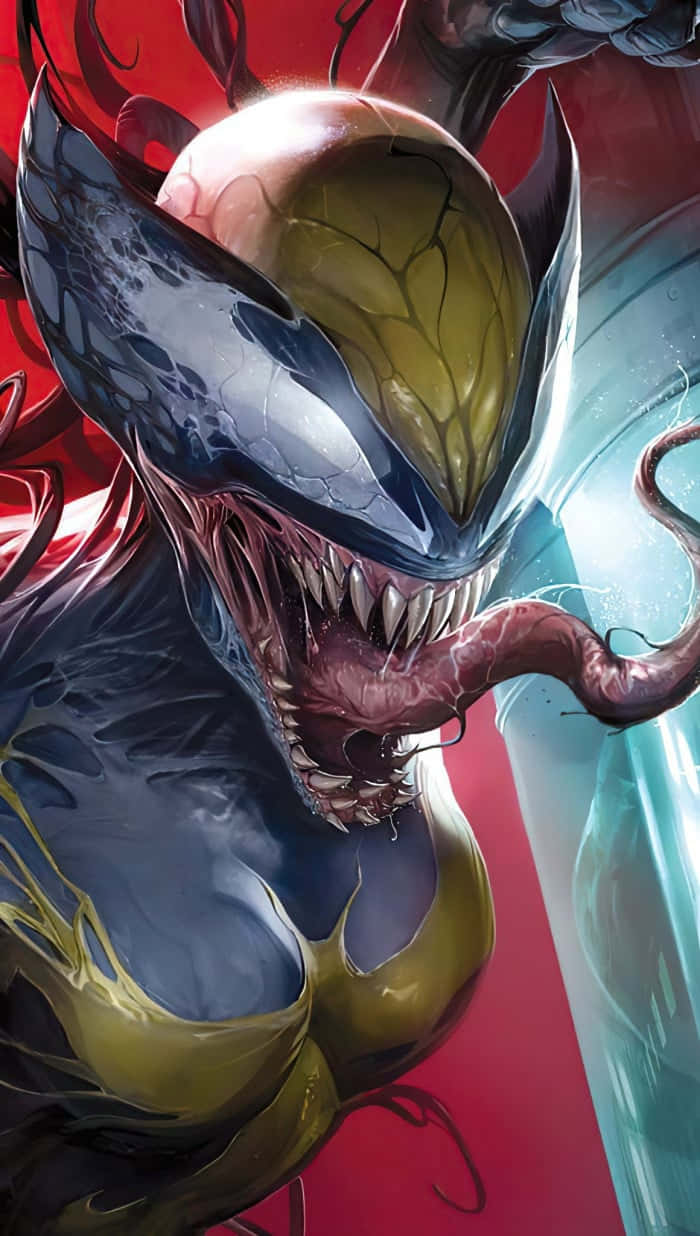 Venomverse 桌布 壁紙 — 猛毒在紅藍背景下露出尖牙和發光的眼睛咆哮。