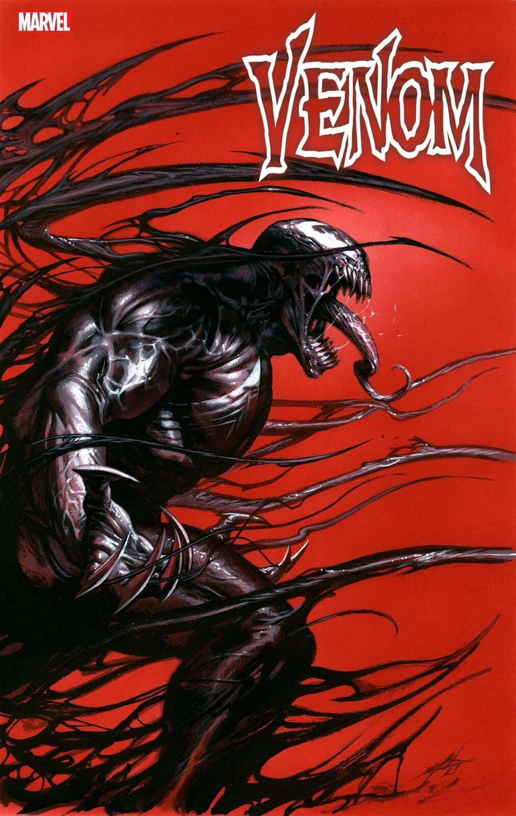 Venomized 桌布 壁紙 — 猛毒在鮮紅色背景上，露出尖牙和黑色觸手咆哮的動態漫畫插圖。