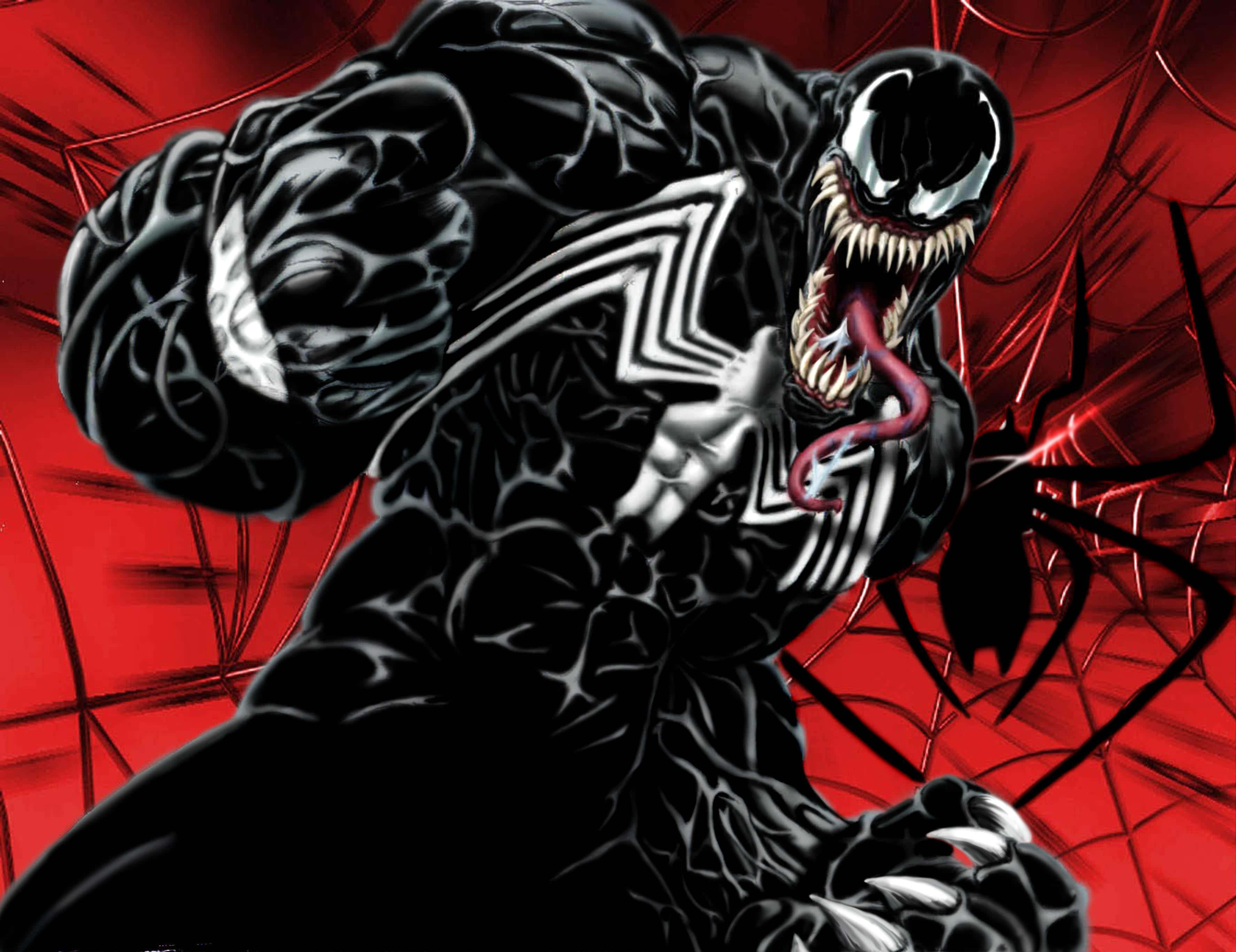 Venom Comic Book 桌布 壁紙 — 猛毒在鮮紅色蜘蛛網背景上張牙舞爪咆哮的動態漫畫插圖。
