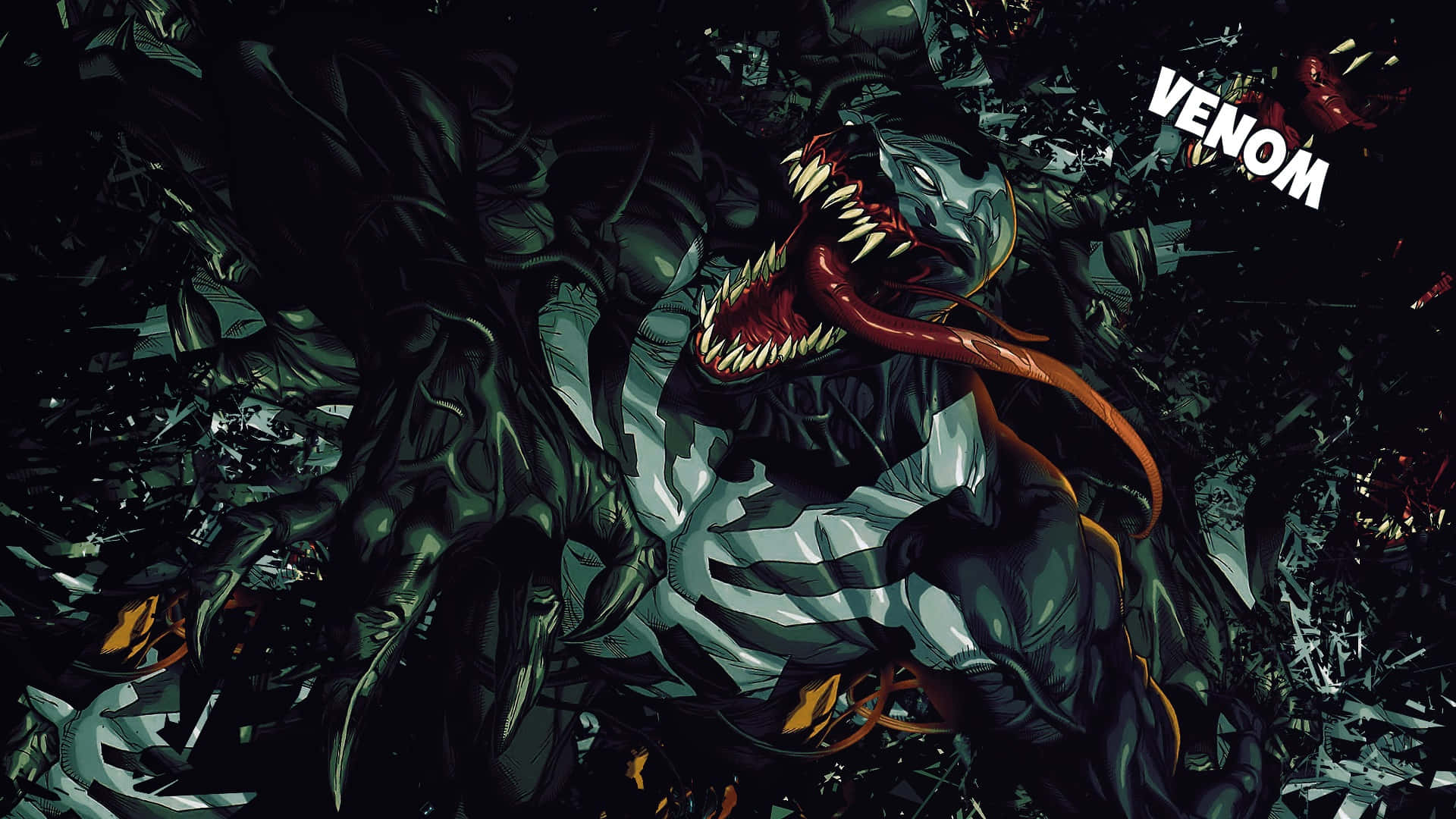 Scary Venom 桌布 壁紙 — 猛毒在黑暗漫畫風格中，於破碎碎片間咆哮，露出發光的紅色舌頭。