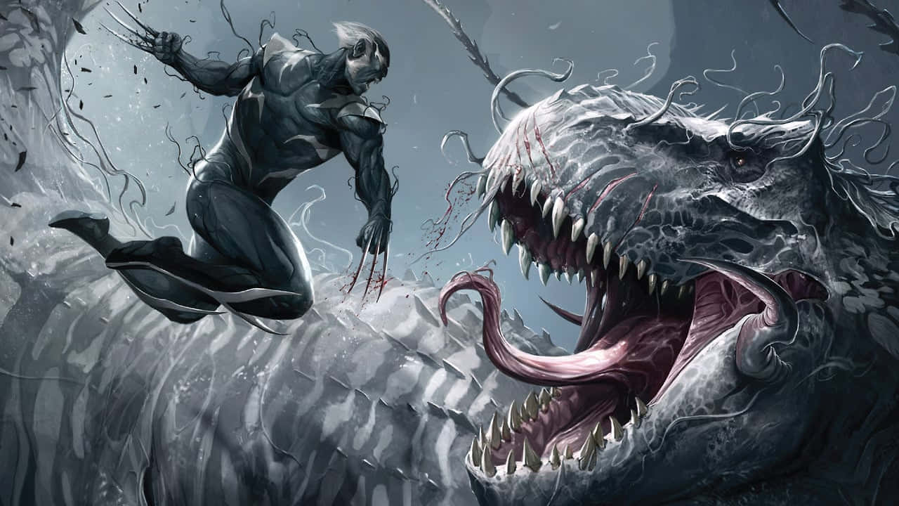 Venomverse 桌布 壁紙 — 猛毒在黑暗風暴環境中躍入戰鬥，對抗一隻怪物般的共生體野獸。
