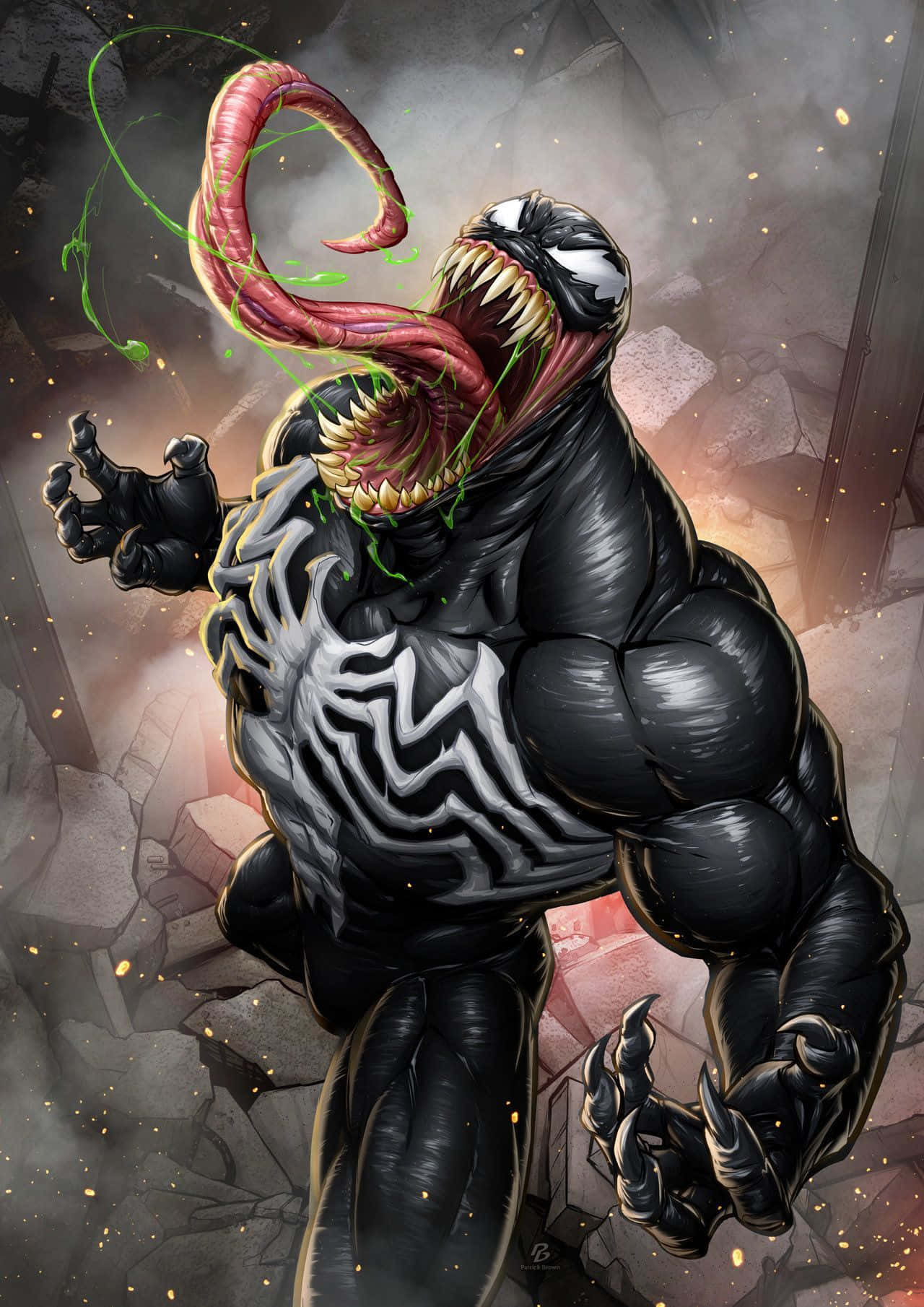 Venomized 桌布 壁紙 — 猛毒張開血盆大口咆哮，舌頭上滴落綠色毒液，背景是破碎的城市。