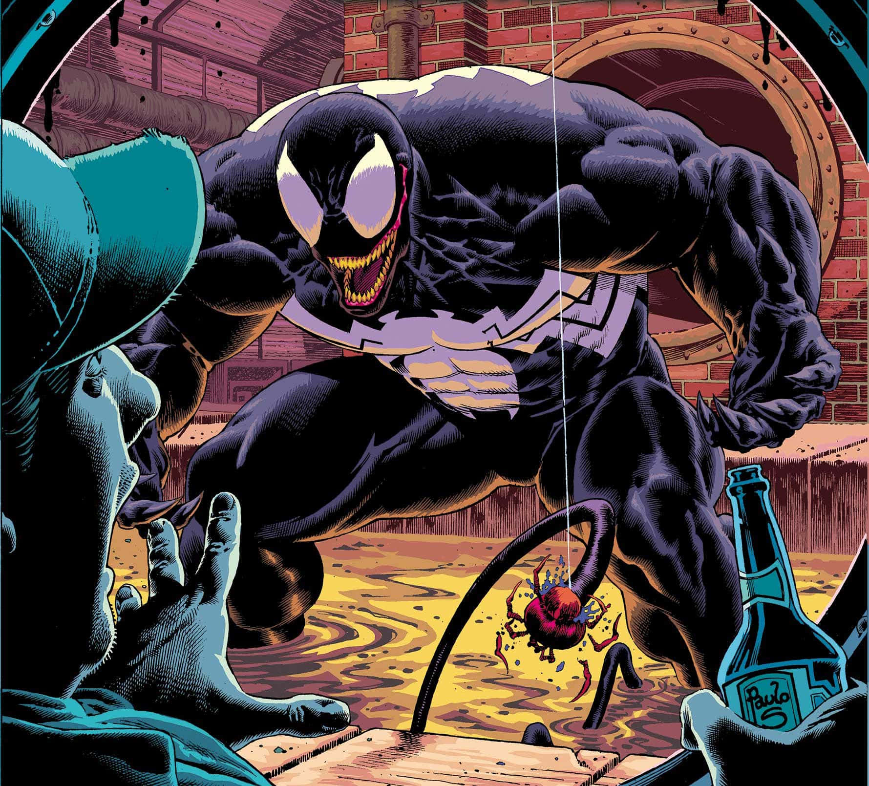 Venom Comic Book 桌布 壁紙 — 猛毒從生鏽的管道中威脅性地撲出，在一個骯髒的工業環境中，下方有一個驚恐的人影。
