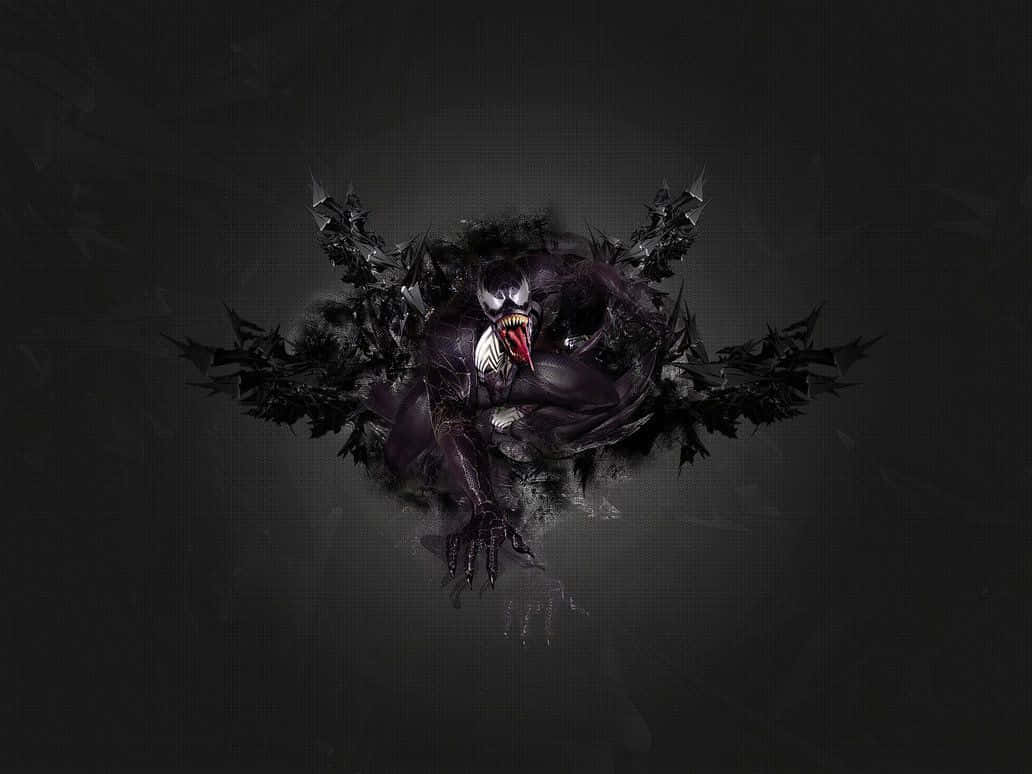 Scary Venom 桌布 壁紙 — 猛毒從黑暗虛空中出現，帶有鋸齒狀黑色觸手和發光的紅色舌頭，姿勢兇猛。
