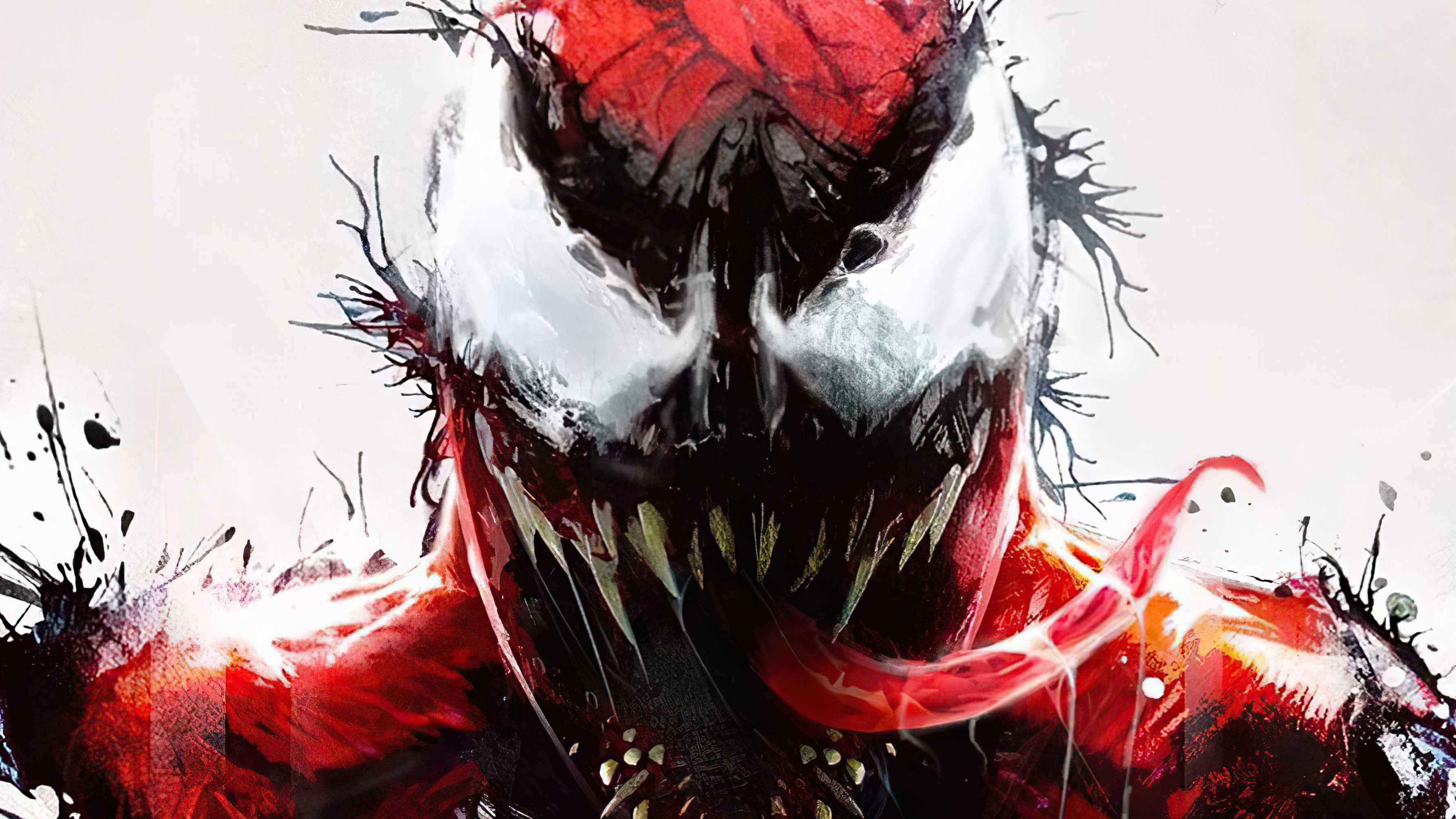Carnage 桌布 壁紙 — 猛毒的特寫，帶有鋒利牙齒和紅黑共生體紋理，背景為純白色。