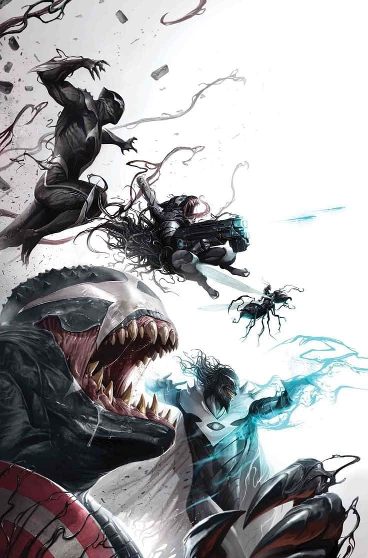 Venomverse 桌布 壁紙 — 猛毒與共生體盟友在混亂的漫畫動作場景中戰鬥，敵人飛舞，能量效果閃耀。