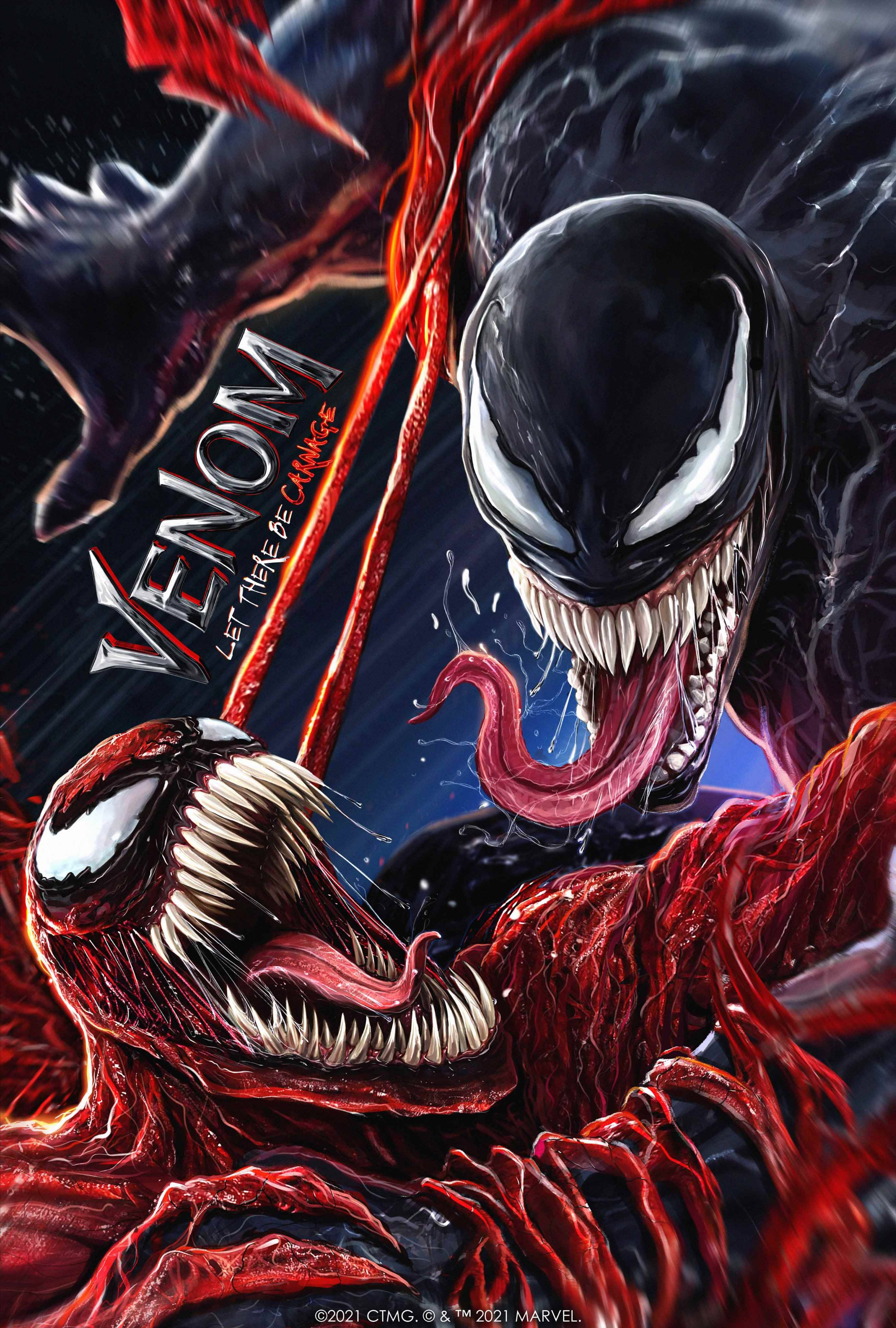 Carnage 桌布 壁紙 — 猛毒與屠殺以動態漫畫風格碰撞，採用紅、黑、白配色和鋒利牙齒。
