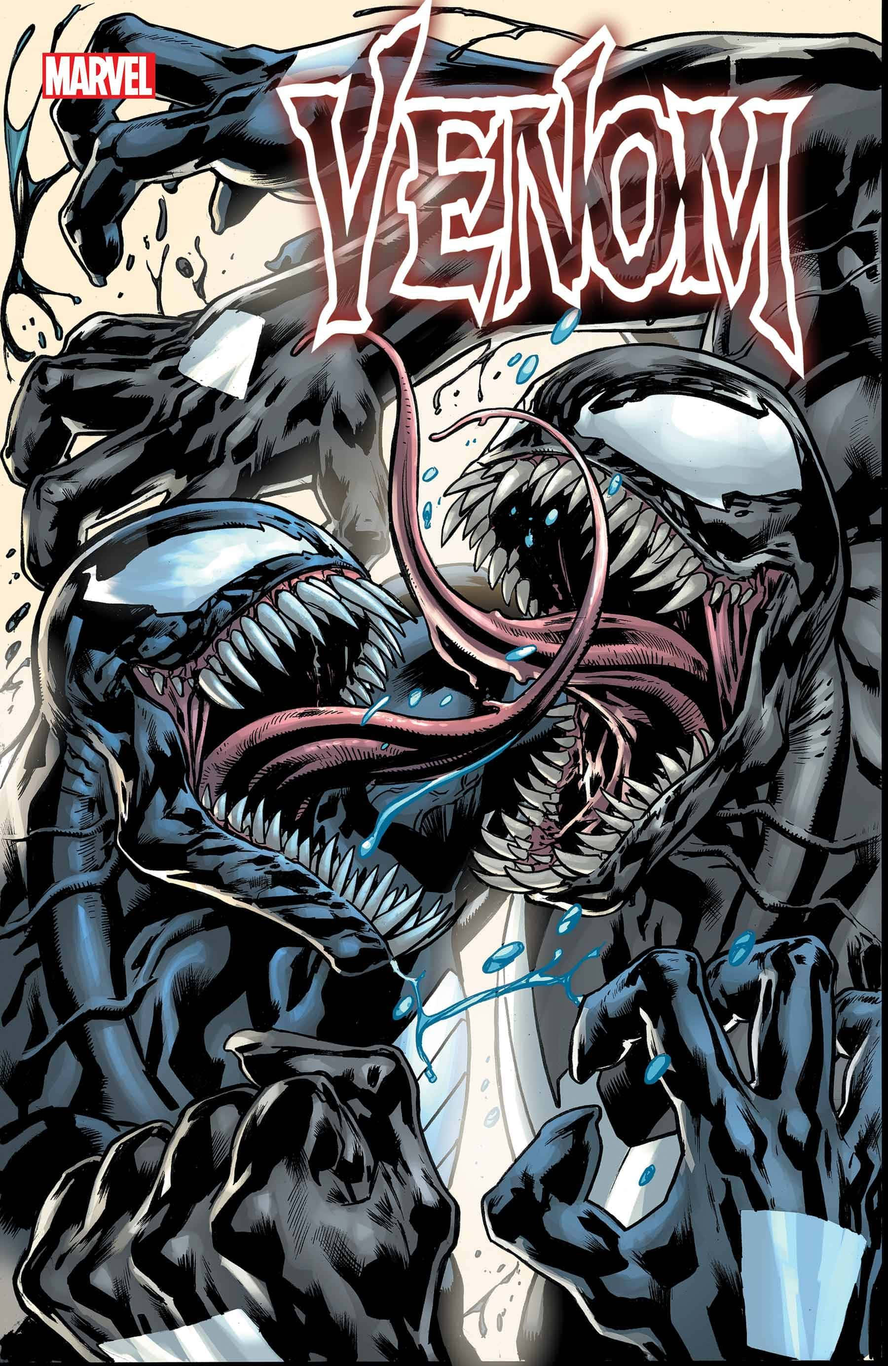 Venom Comic Book 桌布 壁紙 — 猛毒與屠殺在動態漫畫書封面上碰撞，線條銳利，共生體觸手滴落。