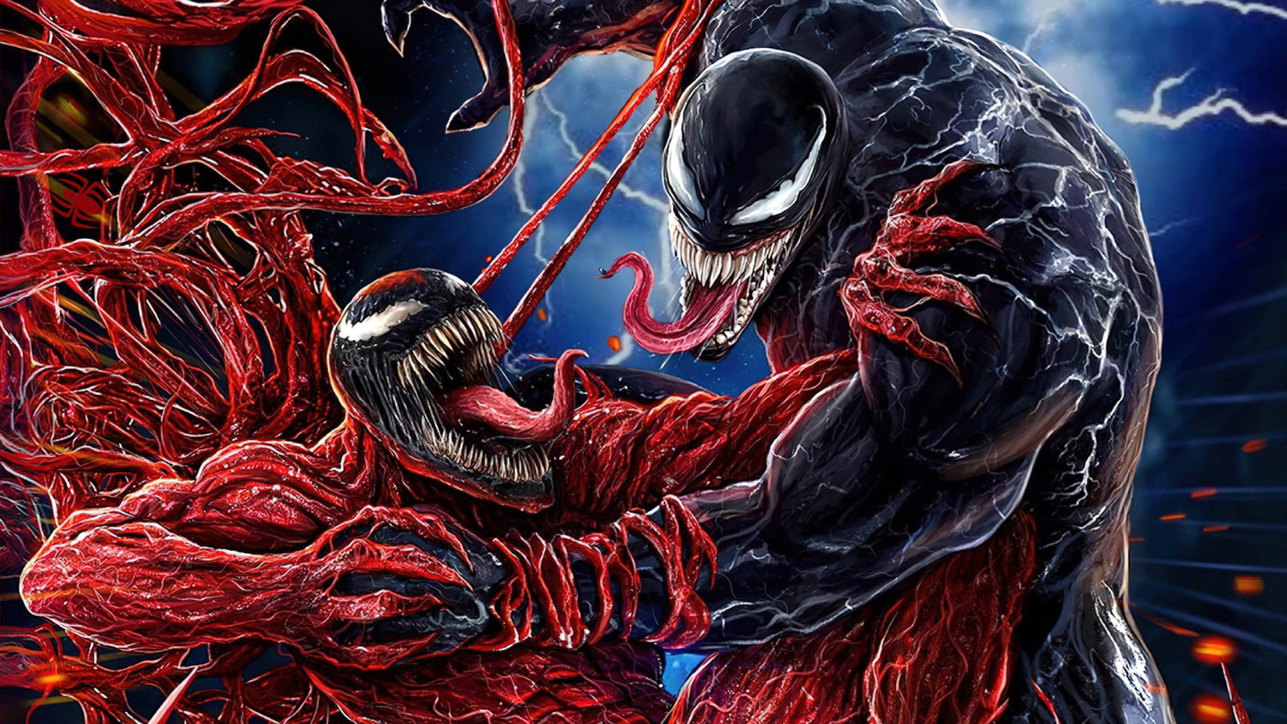 Carnage 桌布 壁紙 — 猛毒與屠殺在暴風雨般的宇宙背景下，以紅色共生體觸手展開一場暴力、帶電的戰鬥。